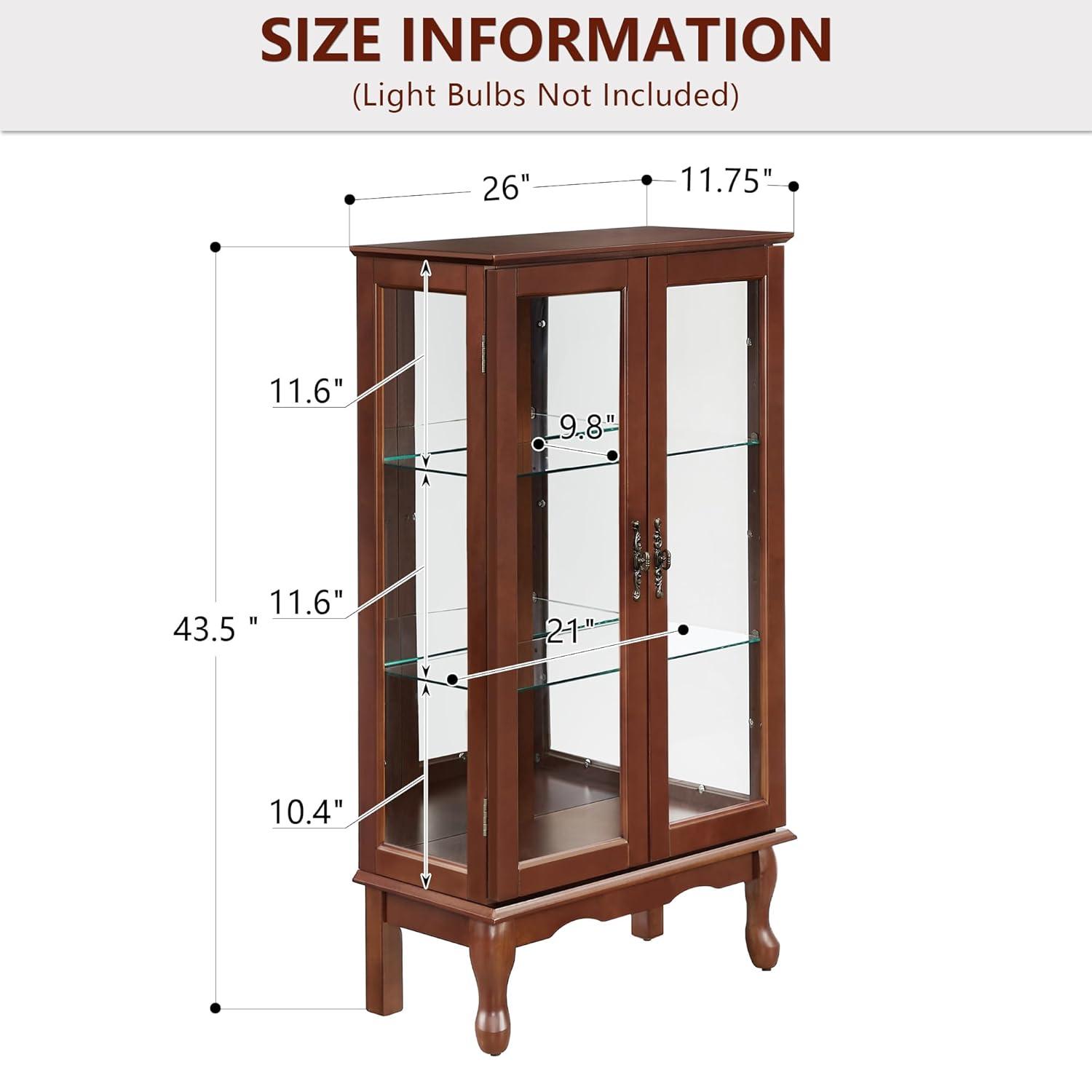 Dolonm Curio Cabinet with Tempered Glass Doors, Curio Cabinets with Mirrored Back Panel and Adjustable Shelves, Lighted Display Cabinet for Home, Office, E26 Light Bulb Not Included, Walnut, 3 Tier