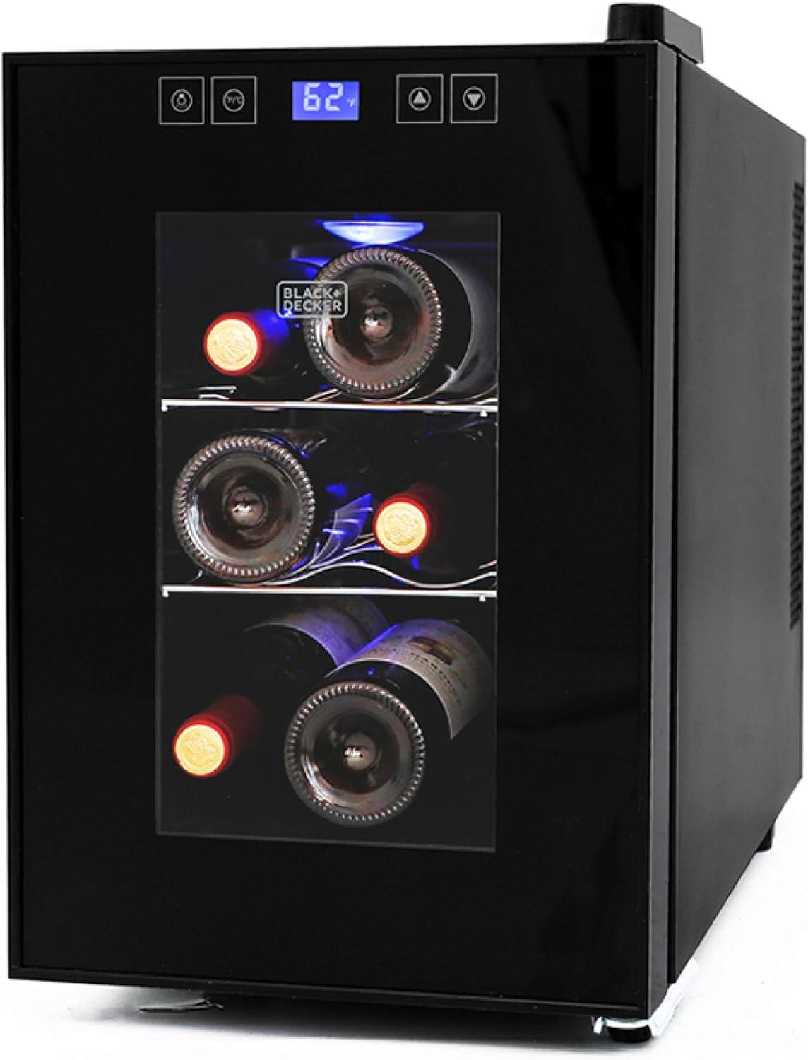 BLACK+DECKER 6 Bottle Wine Fridge, Thermoelectric Small Wine Cooler, Mini Wine Fridge with Triple Pane Clear Glass Door