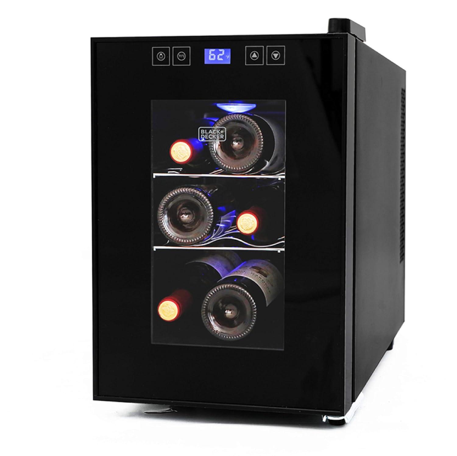 BLACK+DECKER 6 Bottle Wine Fridge, Thermoelectric Small Wine Cooler, Mini Wine Fridge with Triple Pane Clear Glass Door