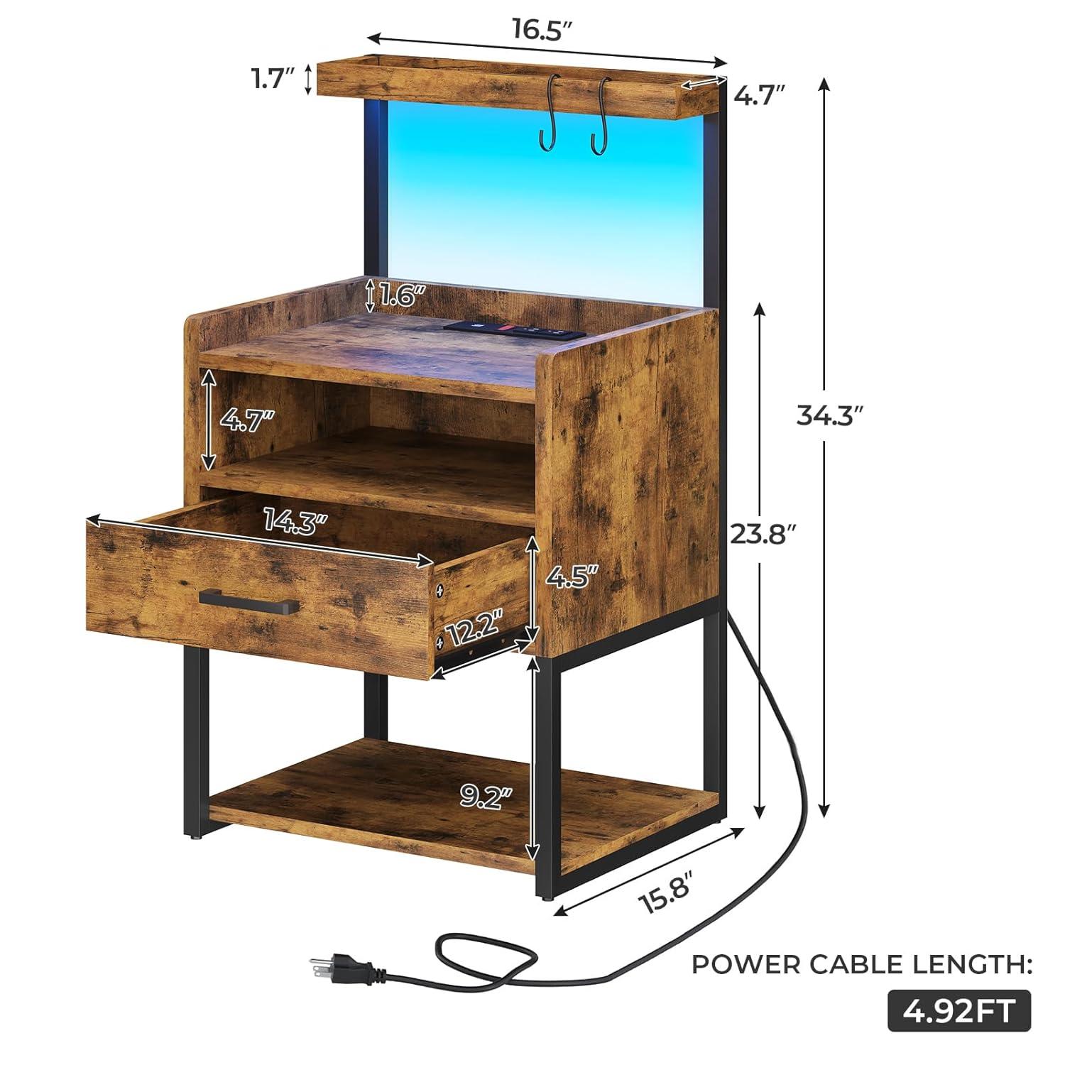 Brown LED Night Stand with Charging Station, Modern Bedside Table for Bedroom