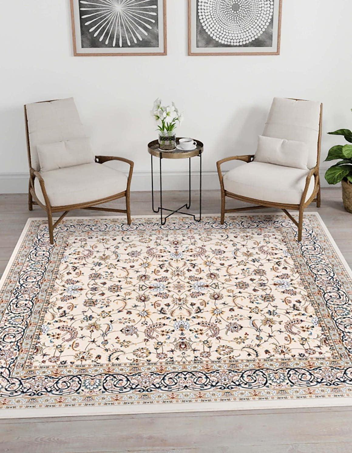 Ivory and Blue Synthetic Square Stain-Resistant Area Rug