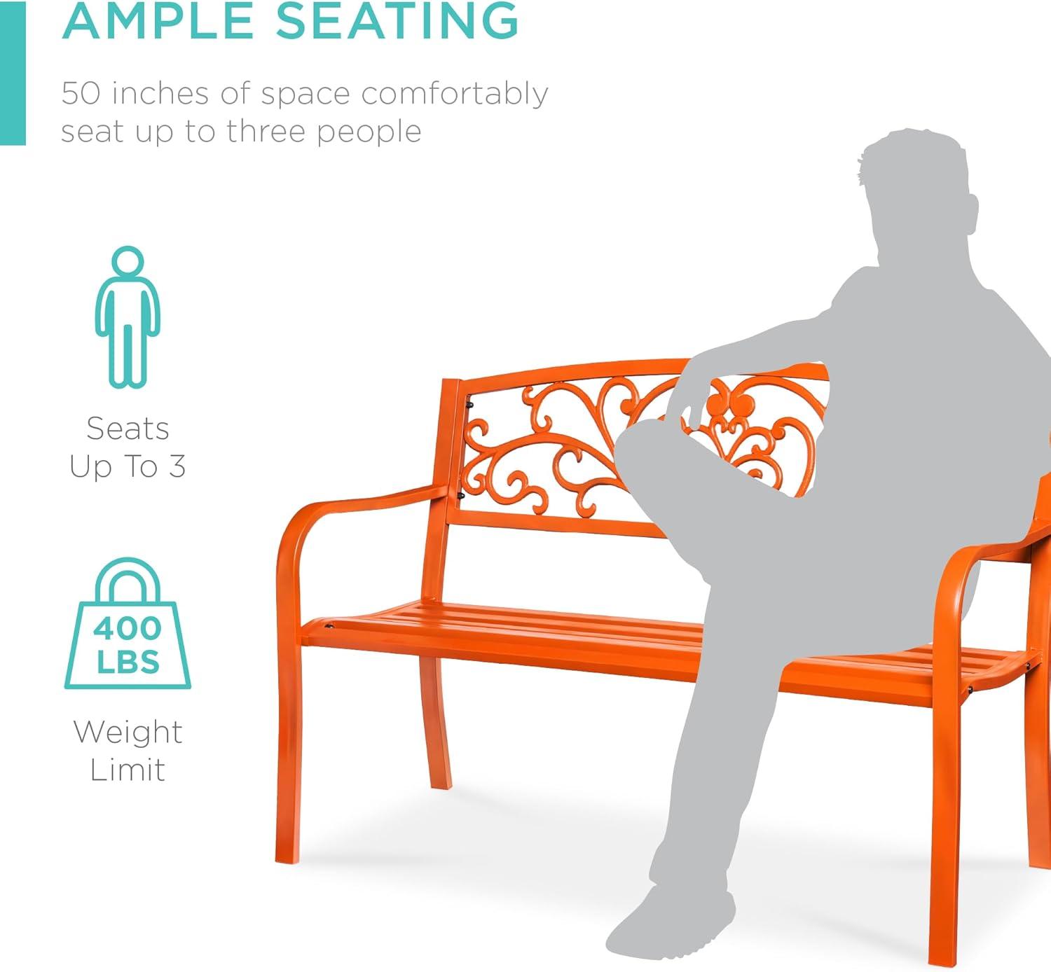 World Menagerie Outdoor Steel Bench with Floral Backrest & Slatted Seat, Marigold for Garden, Patio, Porch, Lawn, and Deck