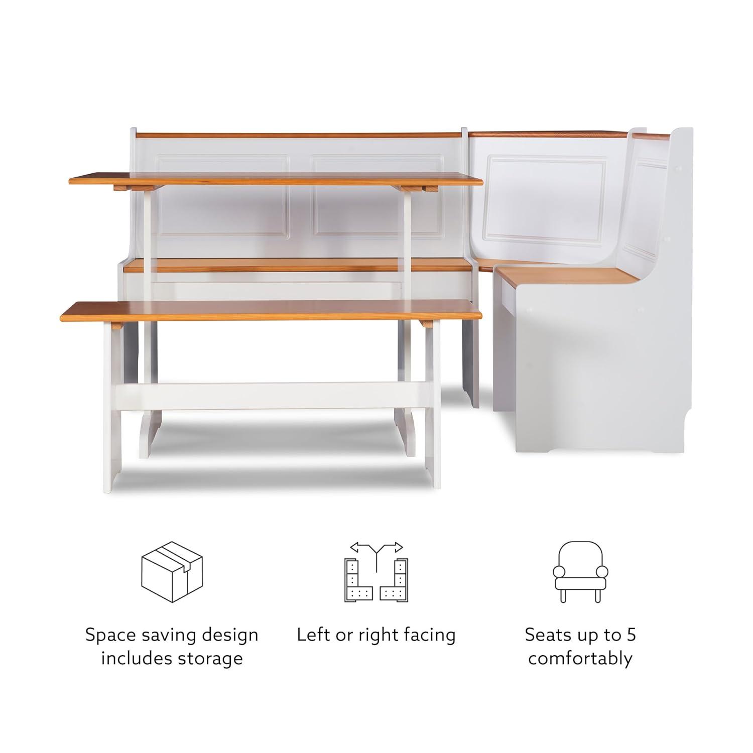 5pc Ardmore Breakfast Storage Corner Nook Dining Set Wood/White/Natural - Linon: Chic Farmhouse Style, Seats 6