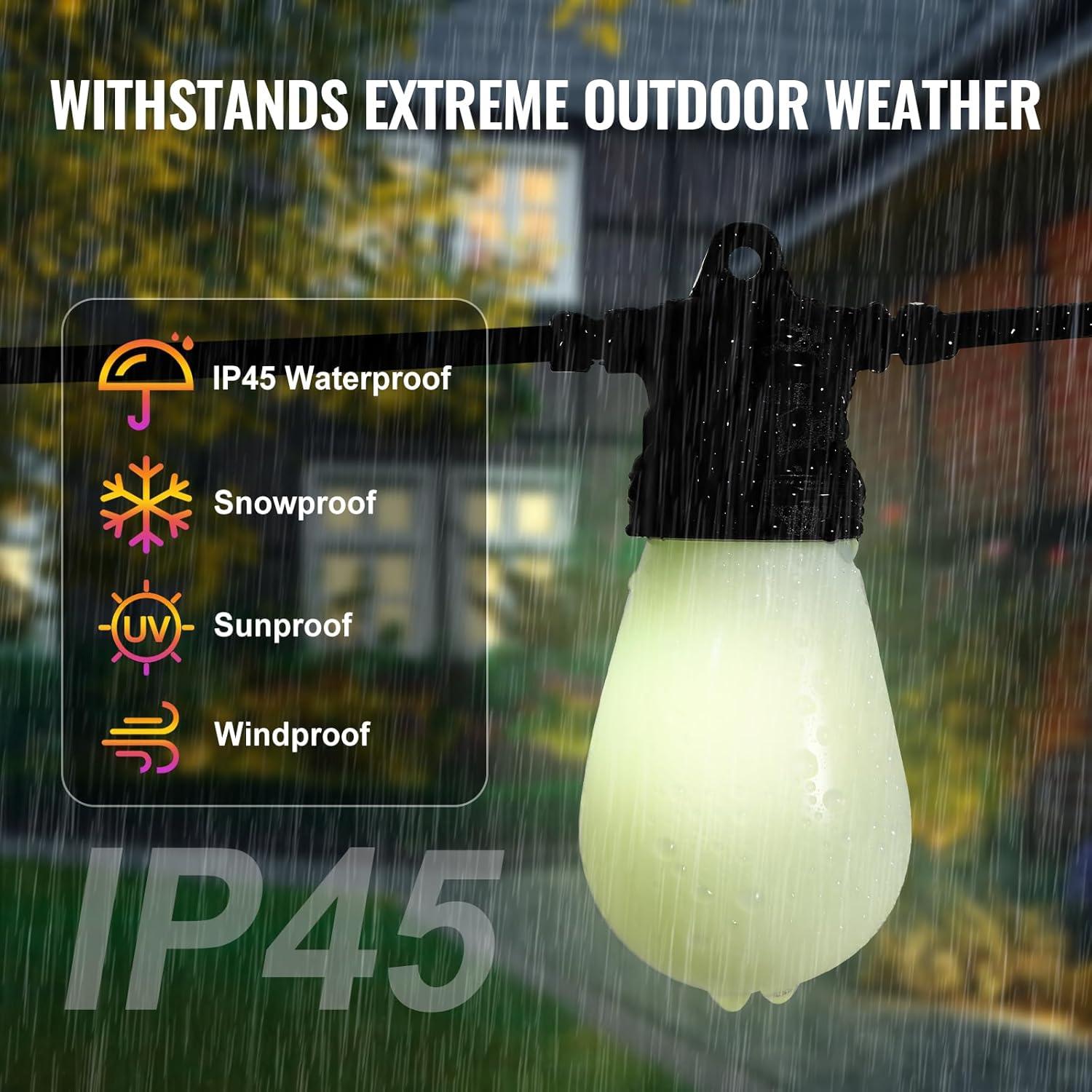 VEVOR RGB Outdoor String Lights, 100FT, Outside Patio Lights with APP Control 30 Bulbs, 15 Single-Color Adjustable Brightness Time Setting, Waterproof Hanging Lights for Halloween Decoration Christmas