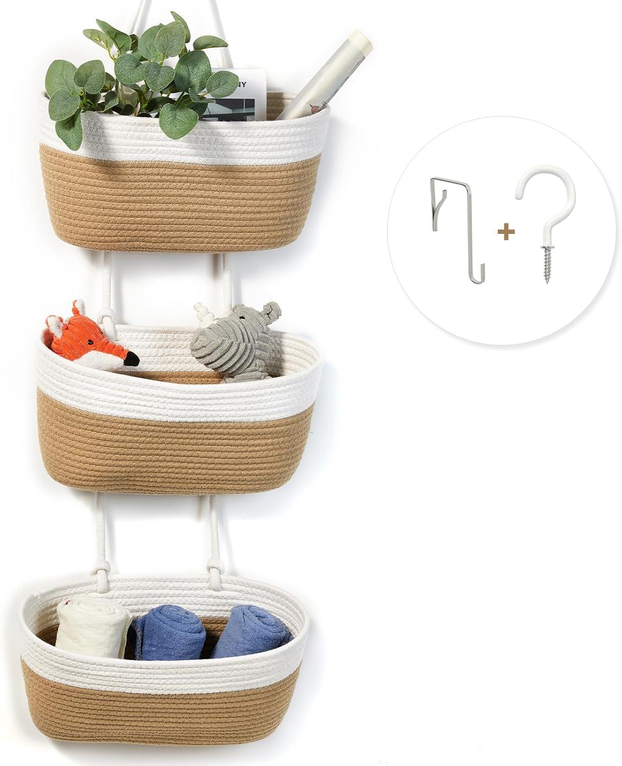 TeoKJ Over the Door Hanging Baskets with Button Strap, 3-Tier Woven Cotton Storage Organizer Bag, Wall-Mounted with Hook Decorative Hanging Kitchen Baskets - White
