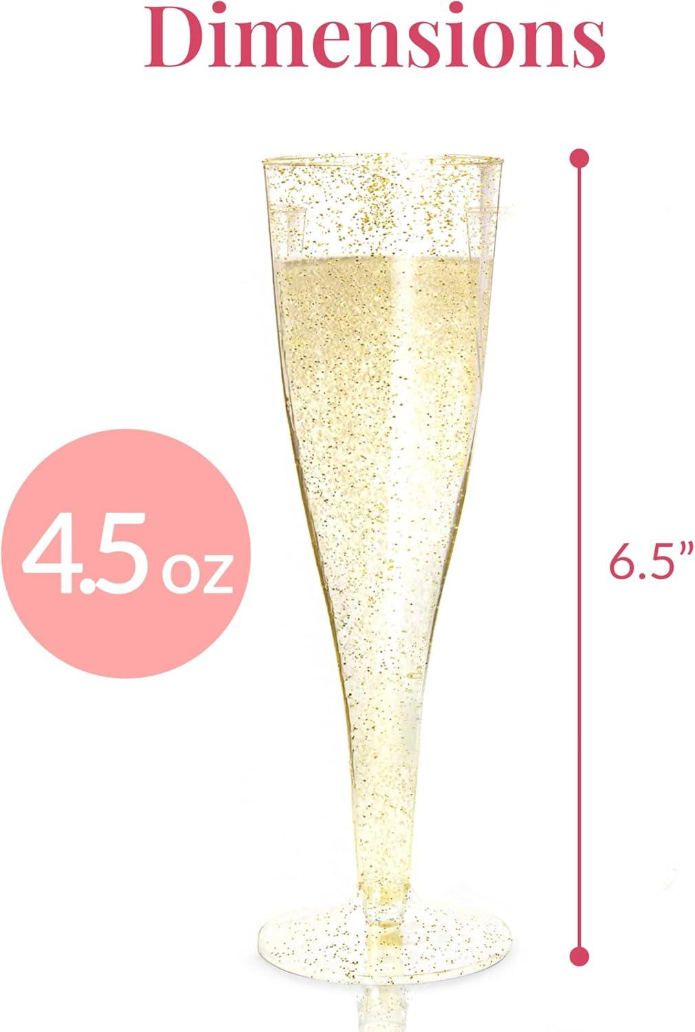 Prestee 24 Champagne Flutes Disposable, Gold Rim Glitter Plastic Cups