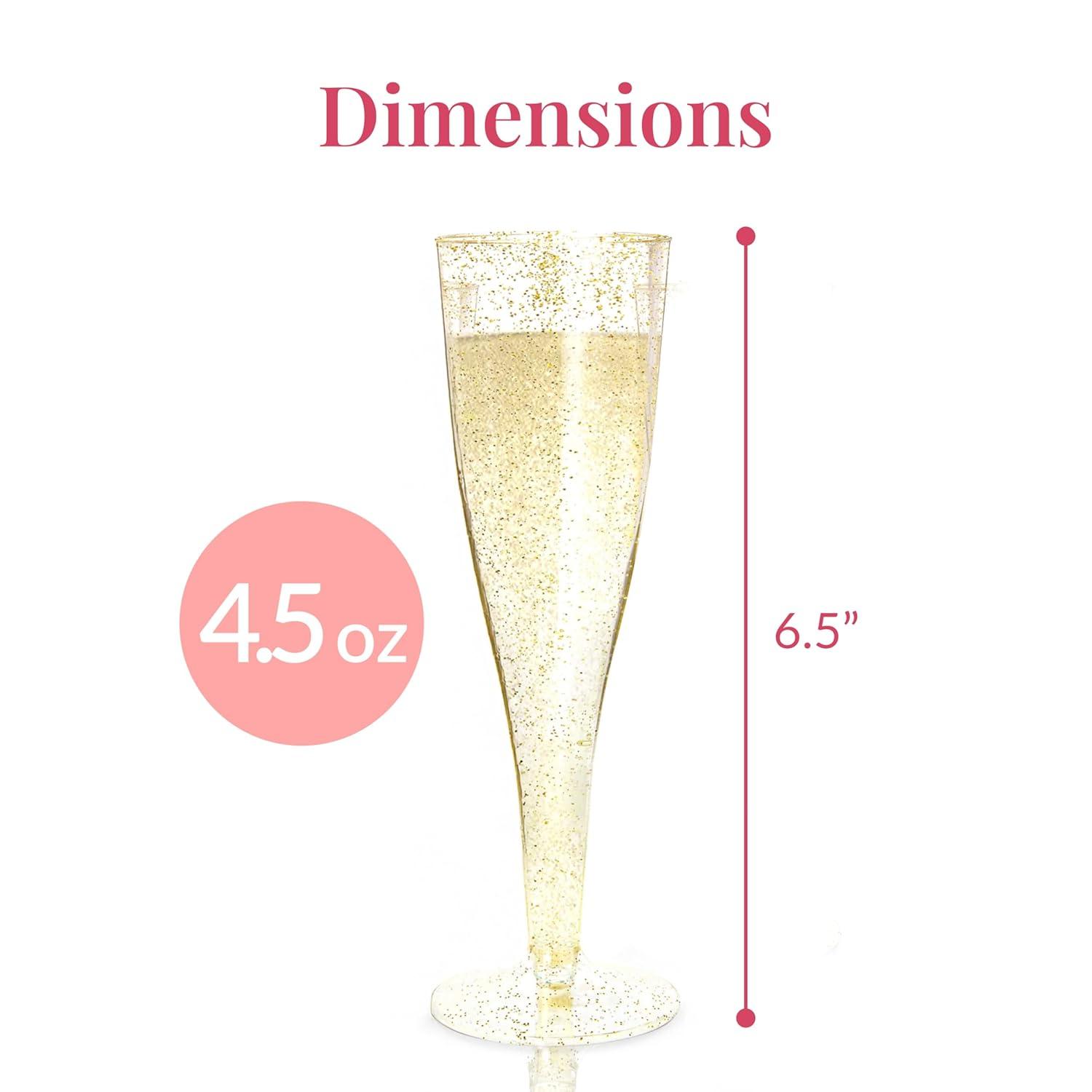 Prestee 24 Champagne Flutes Disposable, Gold Rim Glitter Plastic Cups