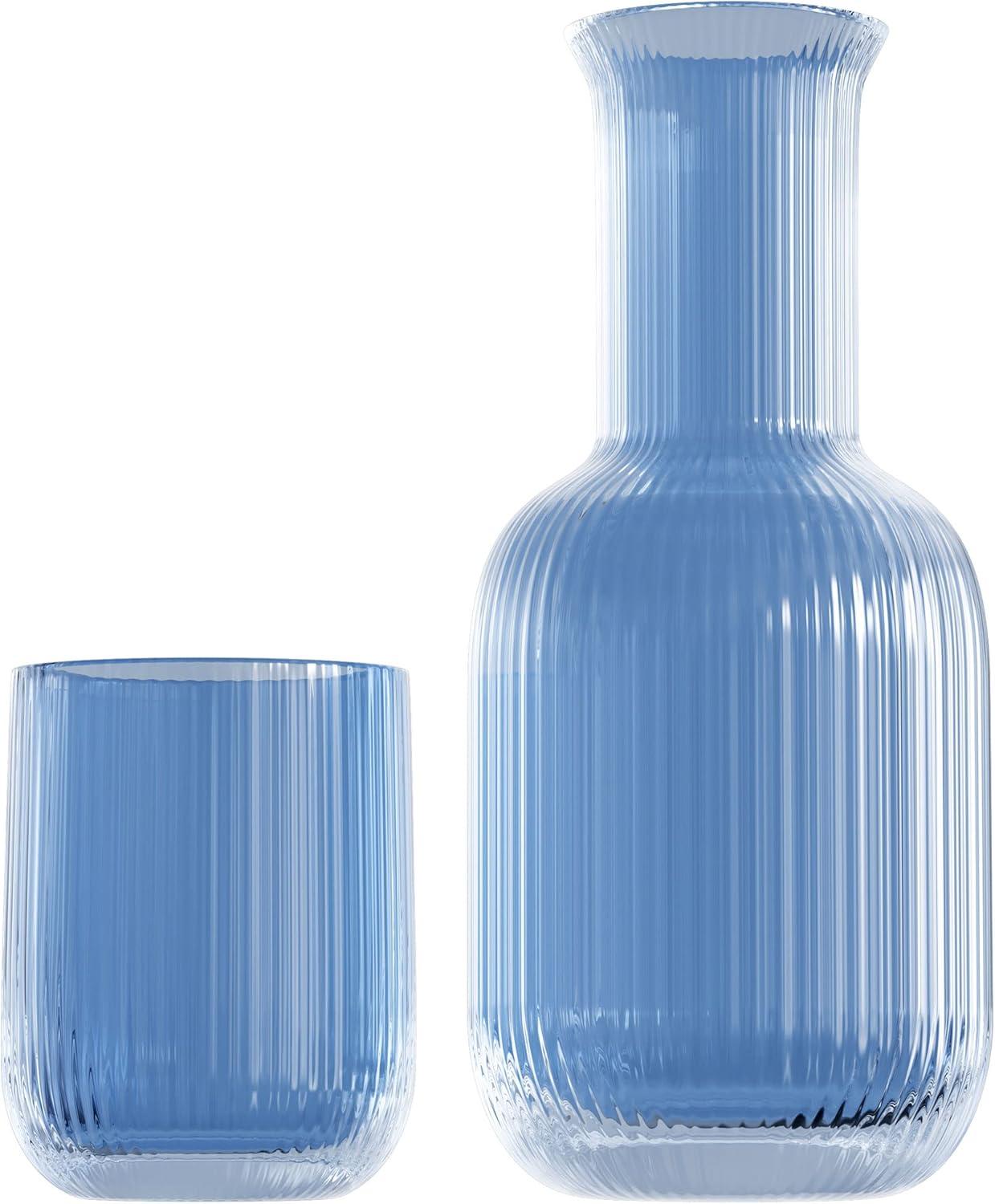 Blue Ribbed Glass Bedside Water Carafe with Tumbler Lid