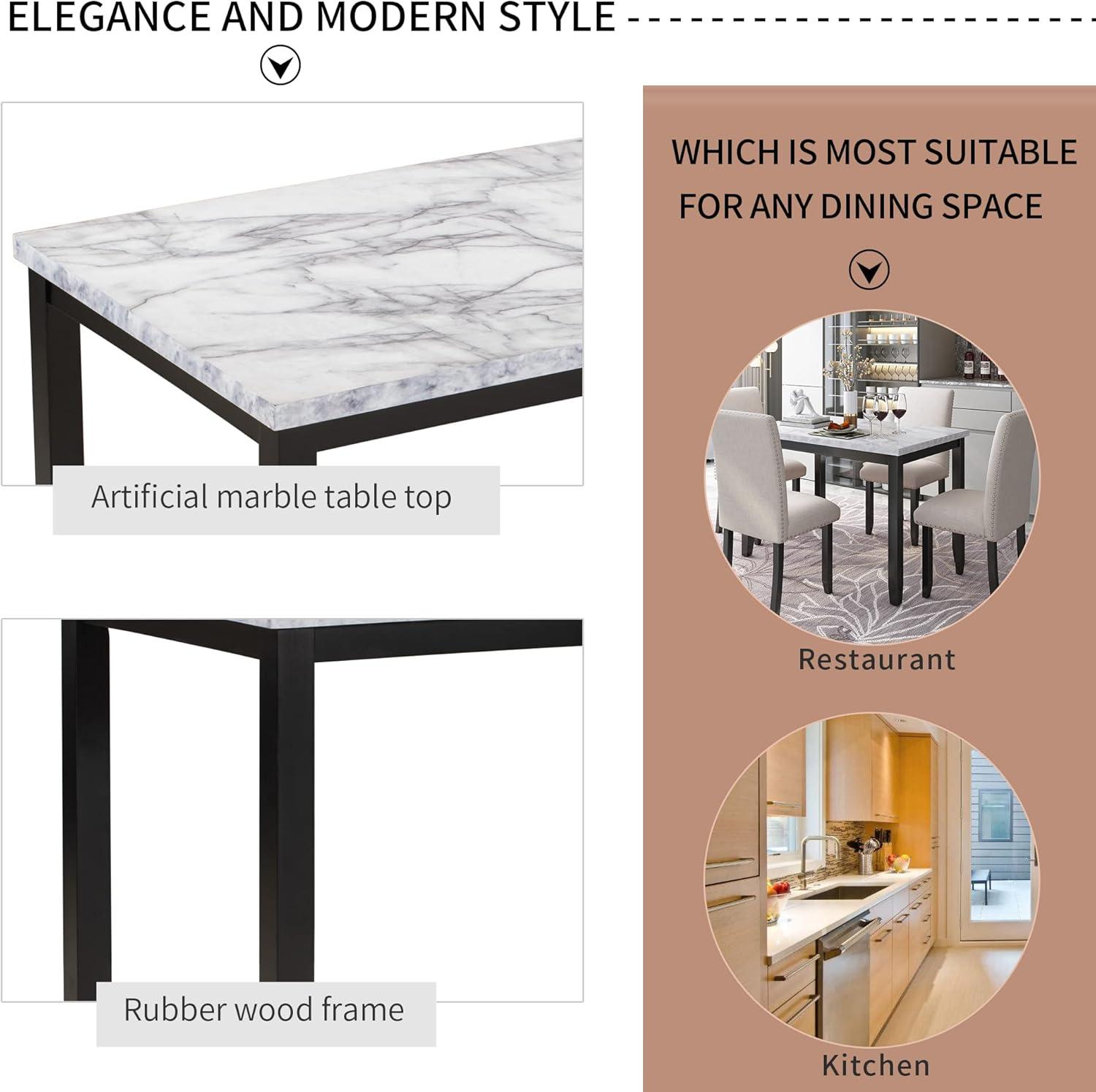 5 Pieces Dining Table Set, Elegant Faux Marble Desk and 4 Upholstered Cushion Chairs, Perfect for Kitchen, Breakfast Nook, Bar, Living Room