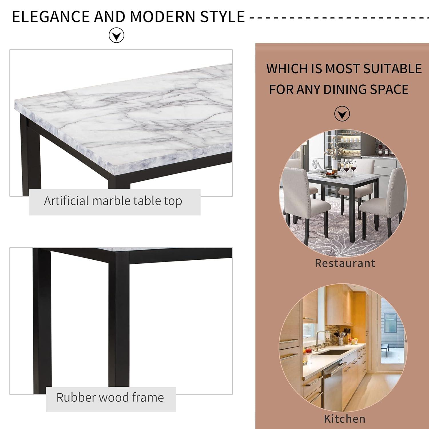 5 Pieces Dining Table Set, Elegant Faux Marble Desk and 4 Upholstered Cushion Chairs, Perfect for Kitchen, Breakfast Nook, Bar, Living Room