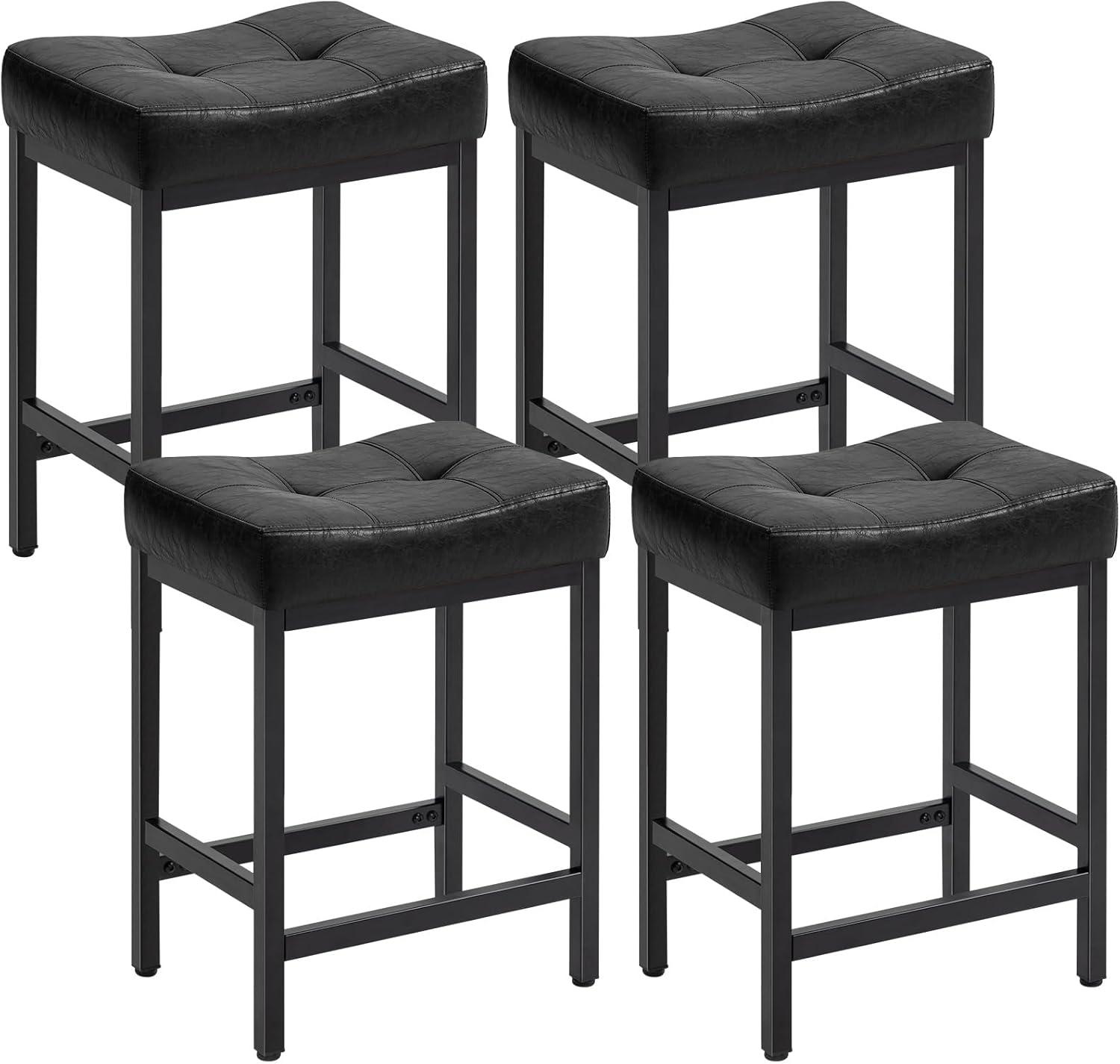 edx Bar Stools Set of 4, Modern Counter Height, 24 Inch Kitchen Barstools with Metal Base, PU Leather Saddle Seats for Kitchen Island, Black