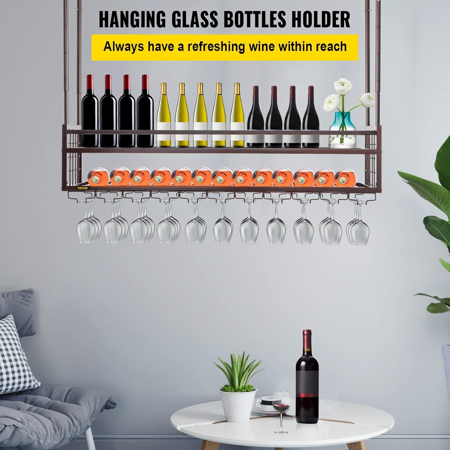 Copper Adjustable Ceiling Wine Glass Rack with Bottle Storage