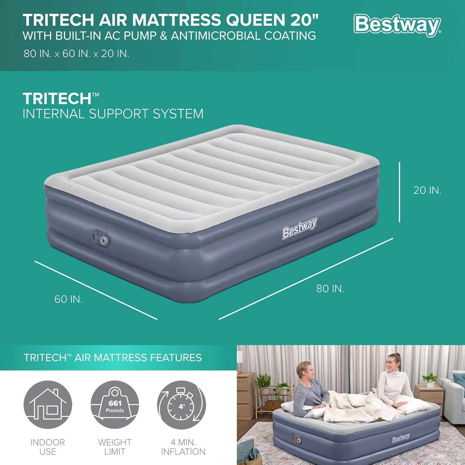 Bestway Tritech 20" Gray and White Queen Air Mattress with Built-in Pump