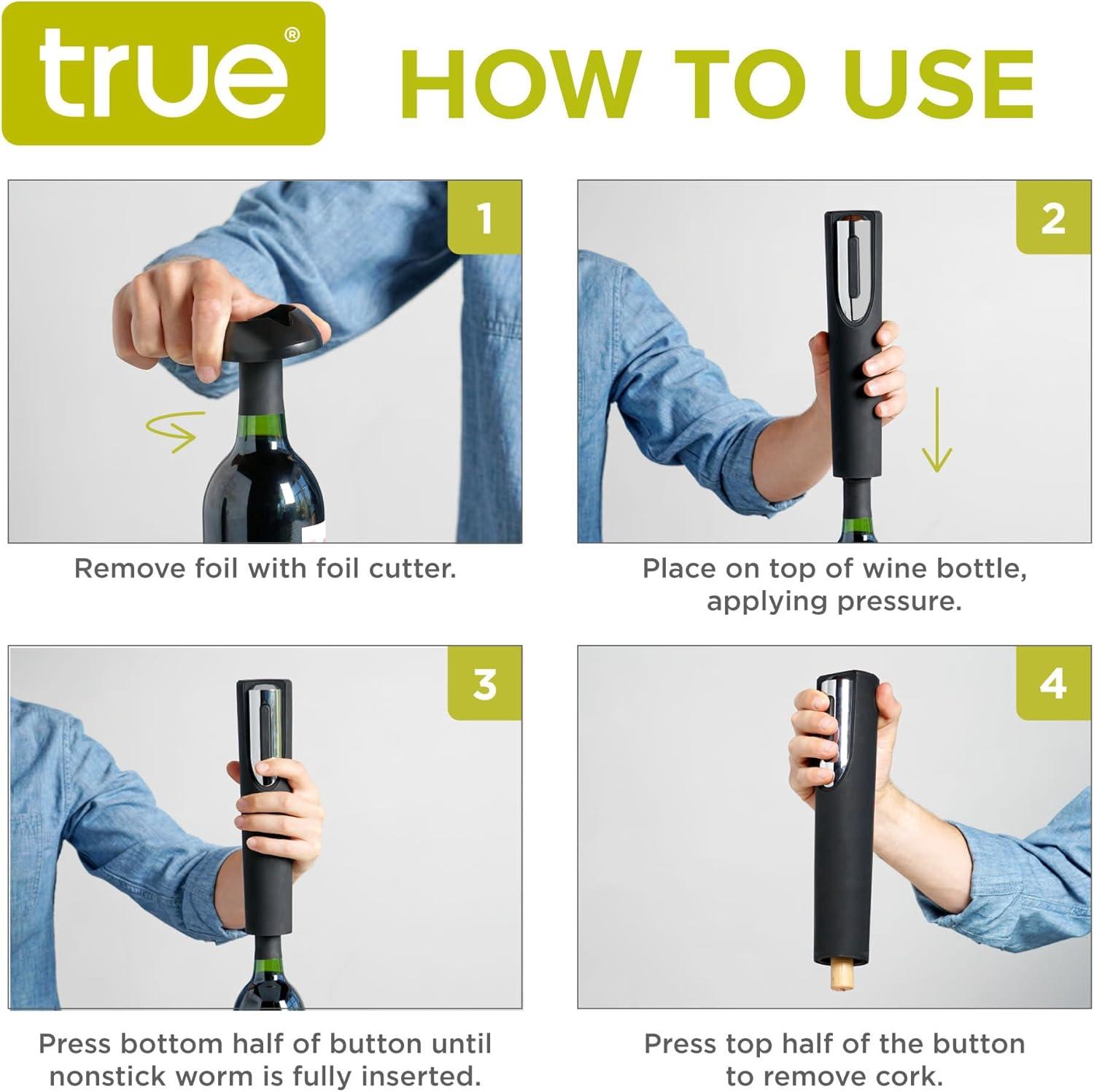 True Vino Drill Electric Wine Bottle Opener - Automatic Corkscrew Wine Opener with Foil Cutter and Stand - Black Set of 1