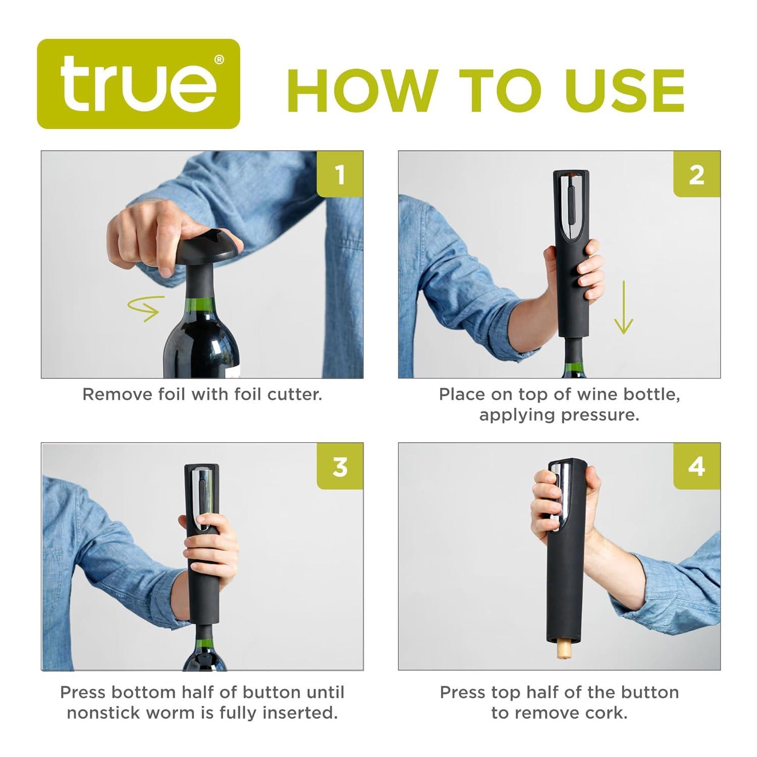 True Vino Drill Electric Wine Bottle Opener - Automatic Corkscrew Wine Opener with Foil Cutter and Stand - Black Set of 1