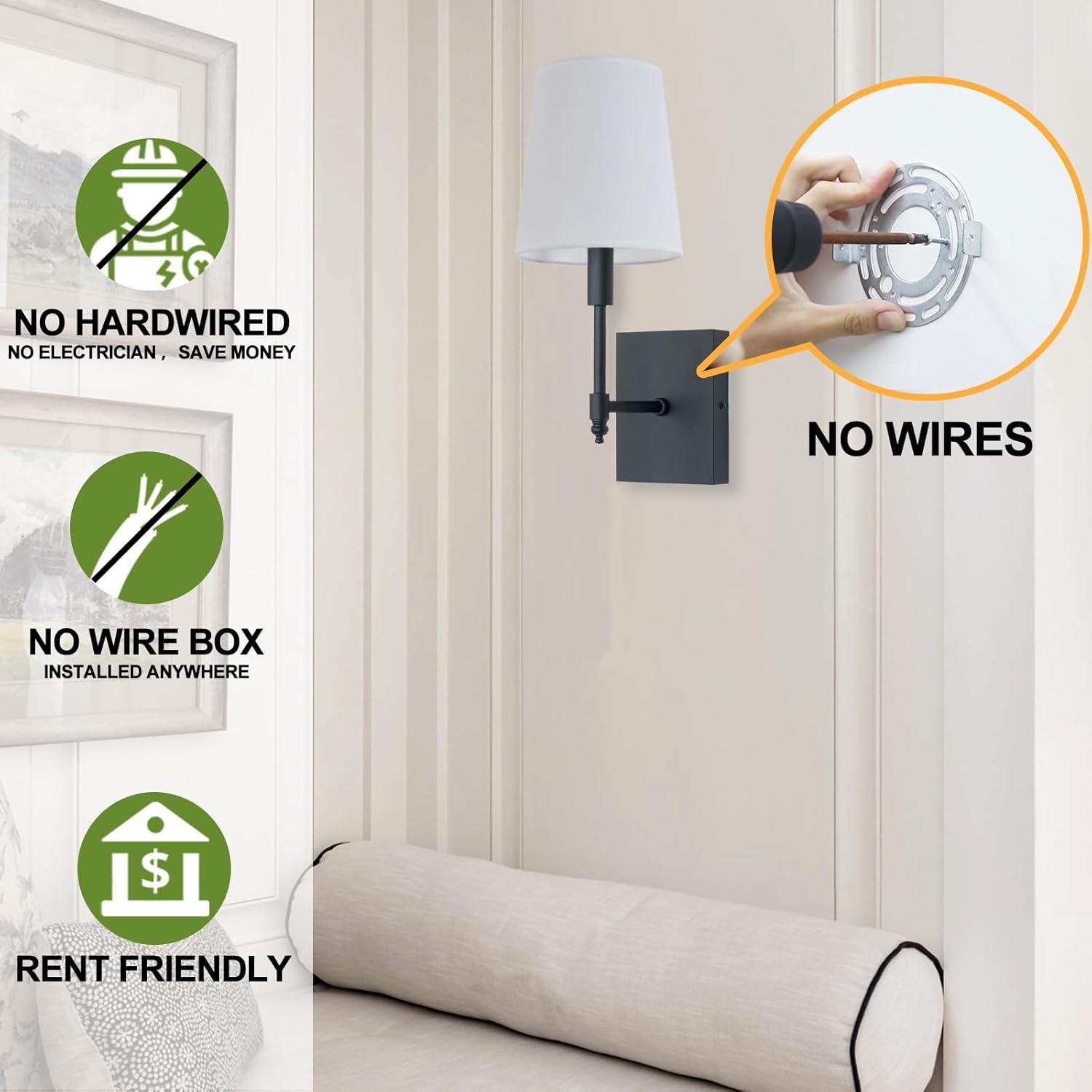 Battery Operated Black Wall Sconce Set Of 2,not Hardwired Fixture Wireless Wall Light ,dimmable Picture Sconces Cordless ,Easy To Install Battery Powered Lamp,for Bedroom, Lounge, Farmhouse Gallery