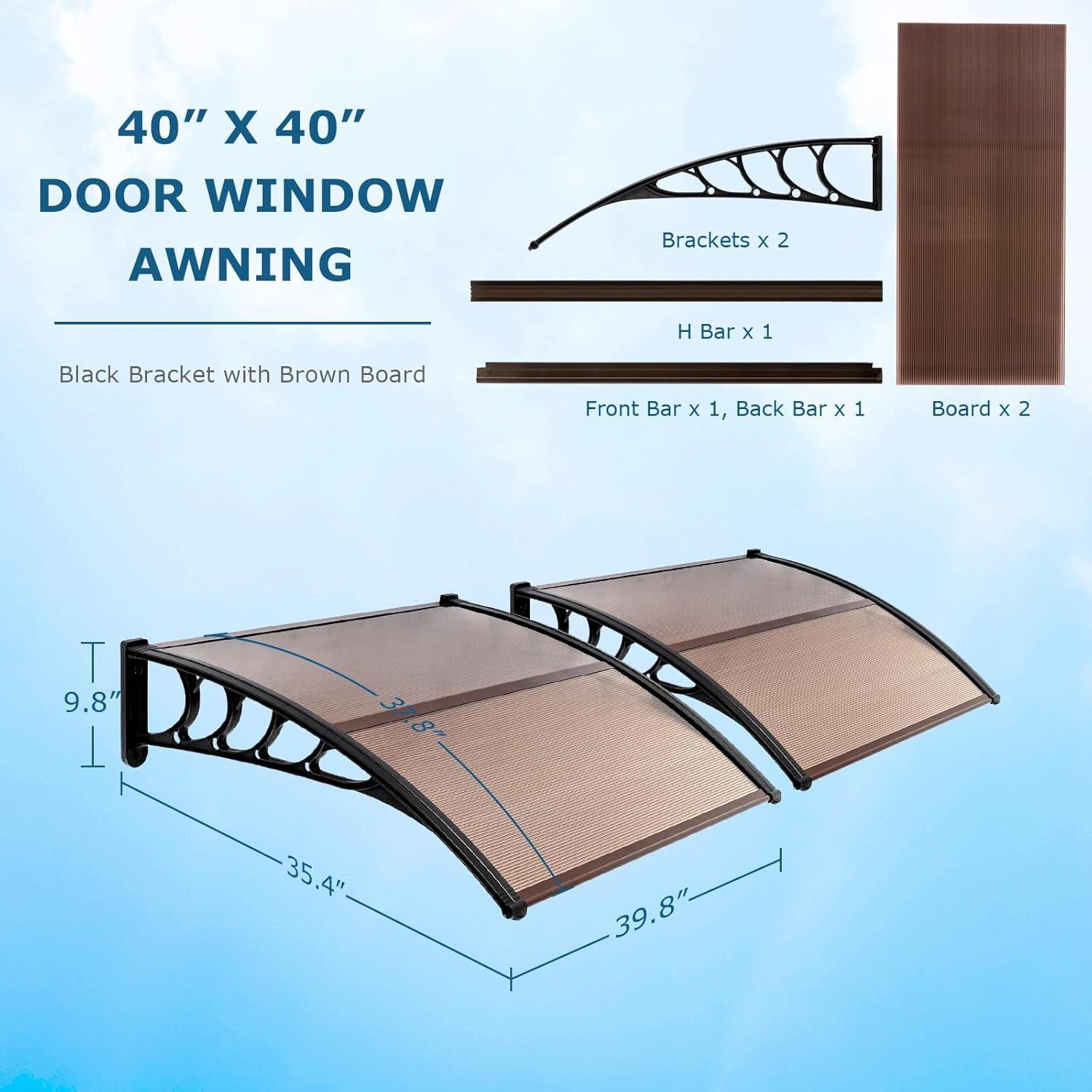 QuellQuest Window Awning Door Canopy, 40" x 40" Window Awning Overhead Door Modern Polycarbonate Cover Outdoor Front Door Patio Canopy UV Rain Snow Sunlight Protection Hollow Sheet/Brown