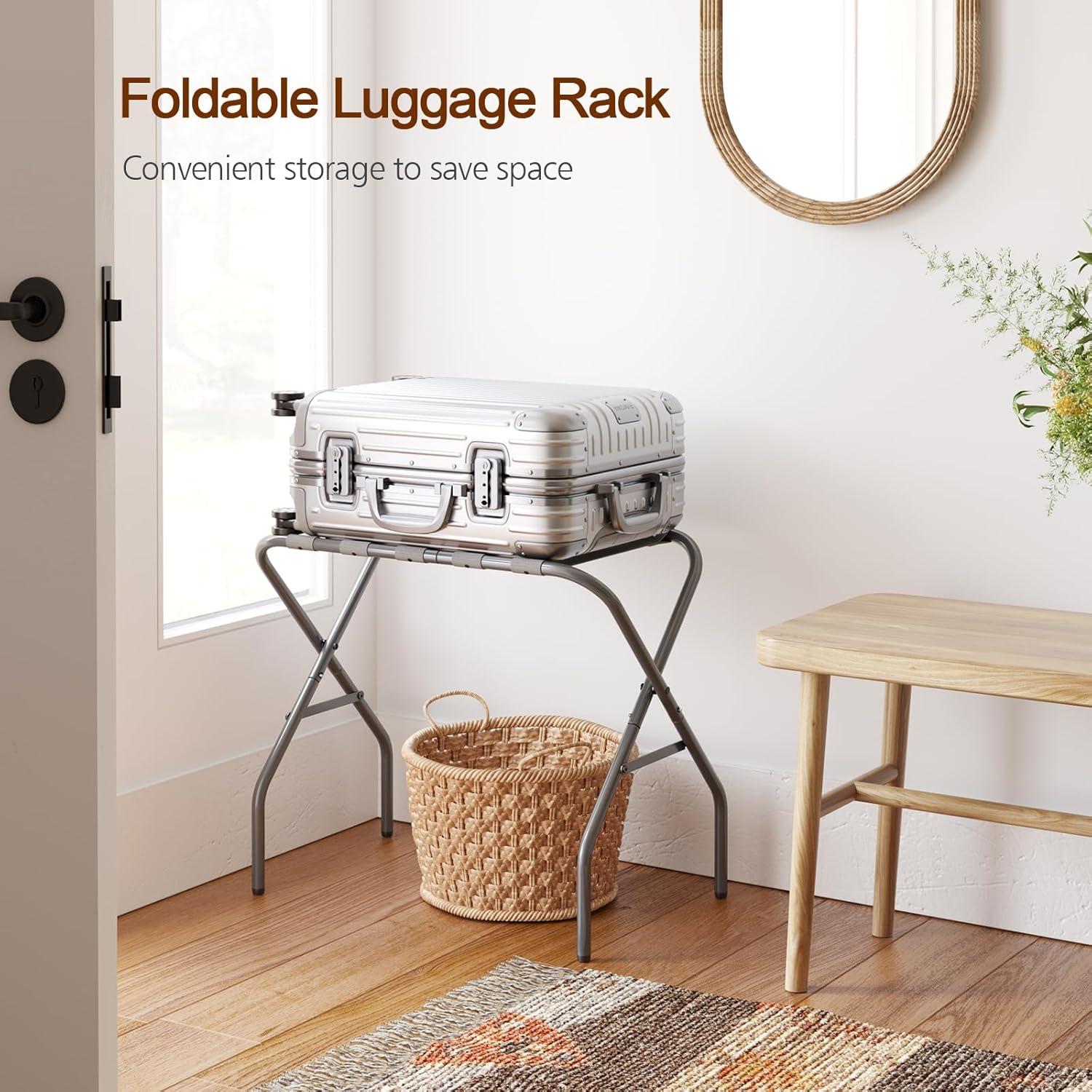 BINO 2-Pack Folding Luggage Rack Collapsible Metal Suitcase Stand With Durable Black Nylon Straps- For Bedroom, Guest Room, Or Hotel (Gray Steel)