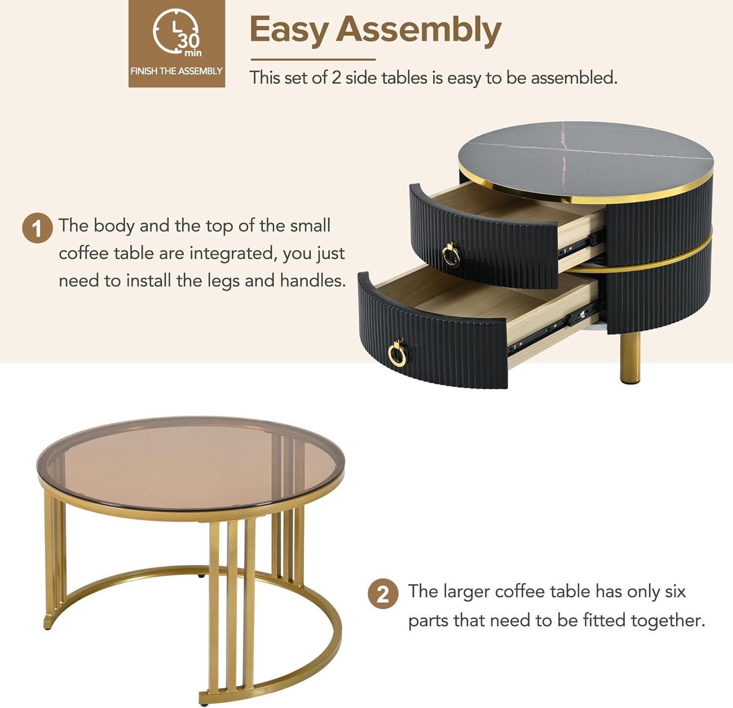 Modern Round Nesting Coffee Table Fluted with Drawer Multiple End Tables Utility Table Telephone Table for Living Room Office Bedroom Balcony, White & Gold