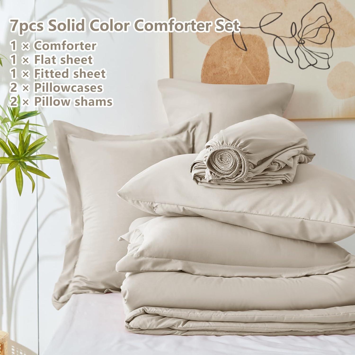 CozyLux Queen Comforter Set Beige, 7 Pieces Bed in a Bag Soft Bedding Comforter Set with Sheets, All Season Boho 7PC Bed Sets with Comforter, Fitted Sheets, Flat Sheets, Pillow Shams and Pillowcases