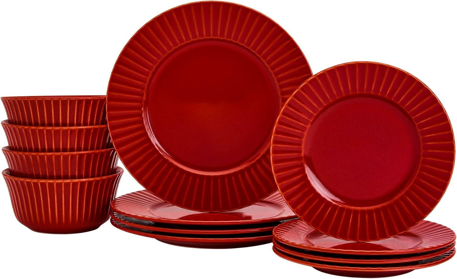 Richmond Red Hand Painted Stoneware Dinnerware Set, Service for 4