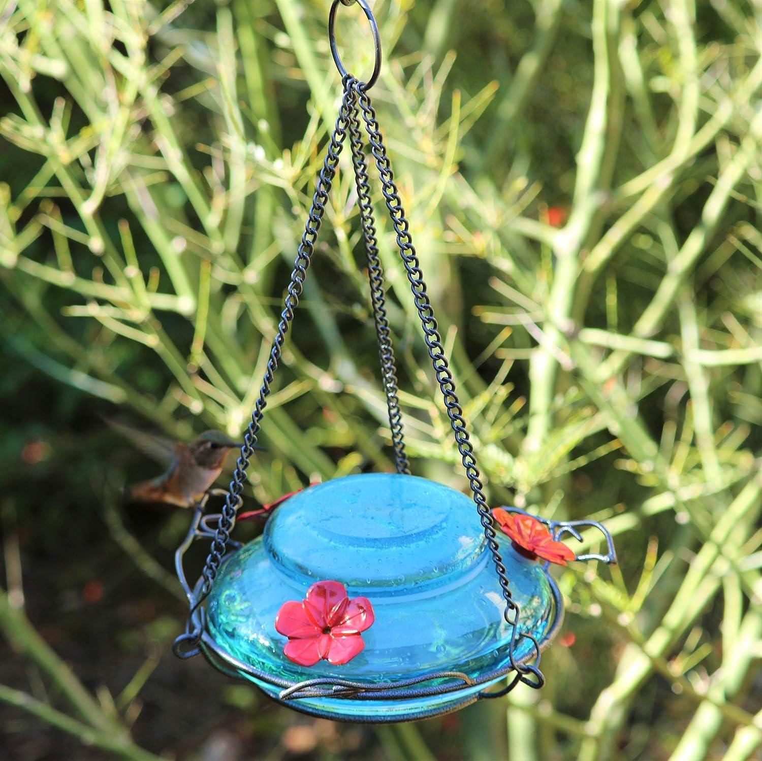 Mason Jar Blue Glass Top Fill Hummingbird Glass Feeder 16 oz.