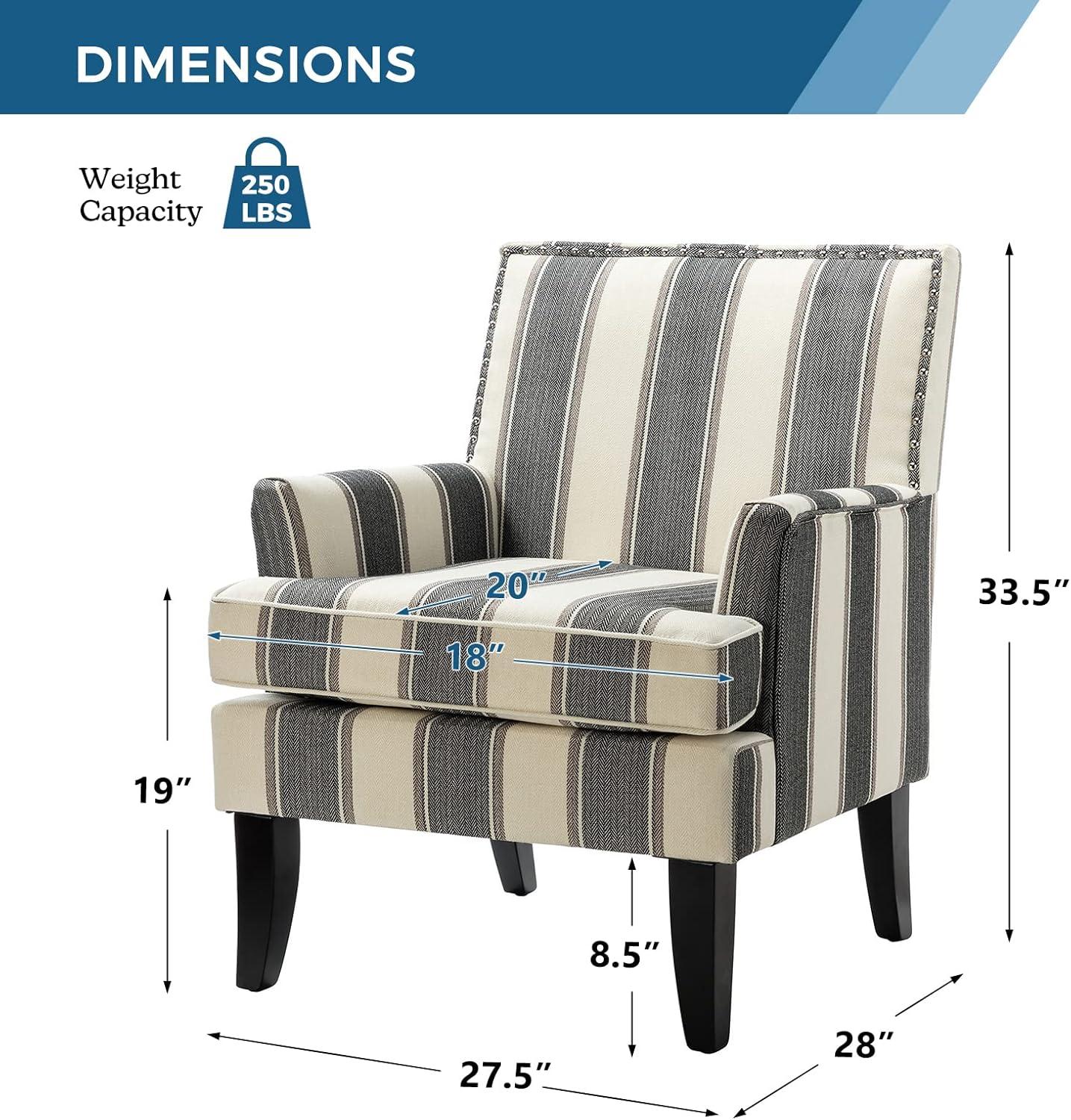 Upholstery Armchairs Set of 2 Accent Chairs Sofa Couch Wood Leg Nailhead Trim Home Living Room Bedroom Stripe White Black