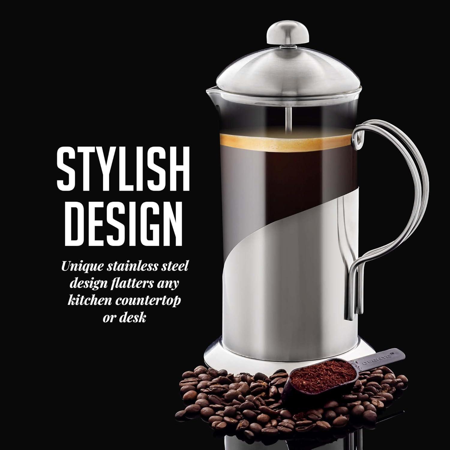 OVENTE French Press Coffee Maker, 4 Level Stainless Steel Filter System, Borosilicate Heat Resistant Glass Carafe with Free Measuring Scoop, Silver