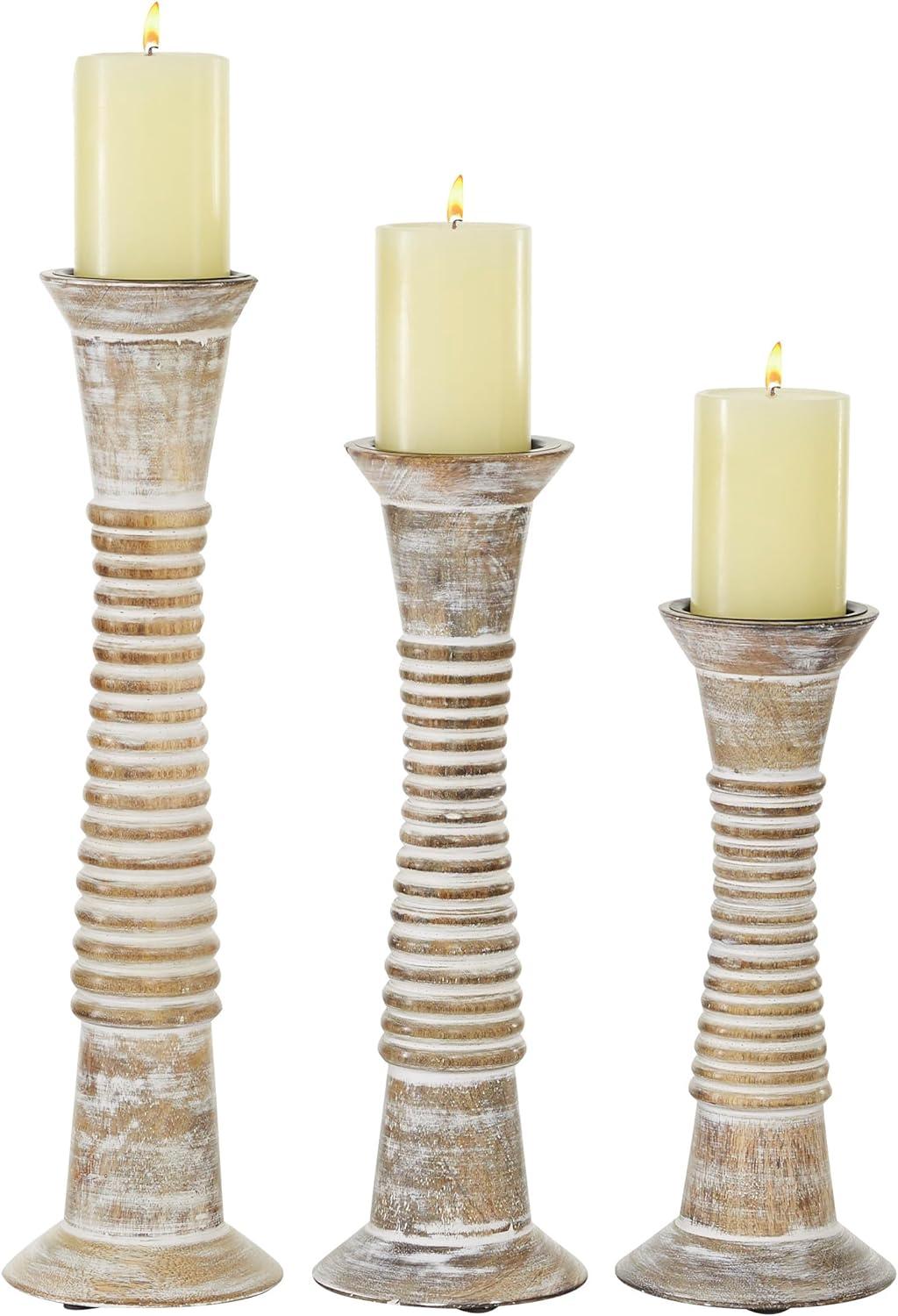 Elegant Rustic Wood Pillar Candlestick Trio, 18" Height