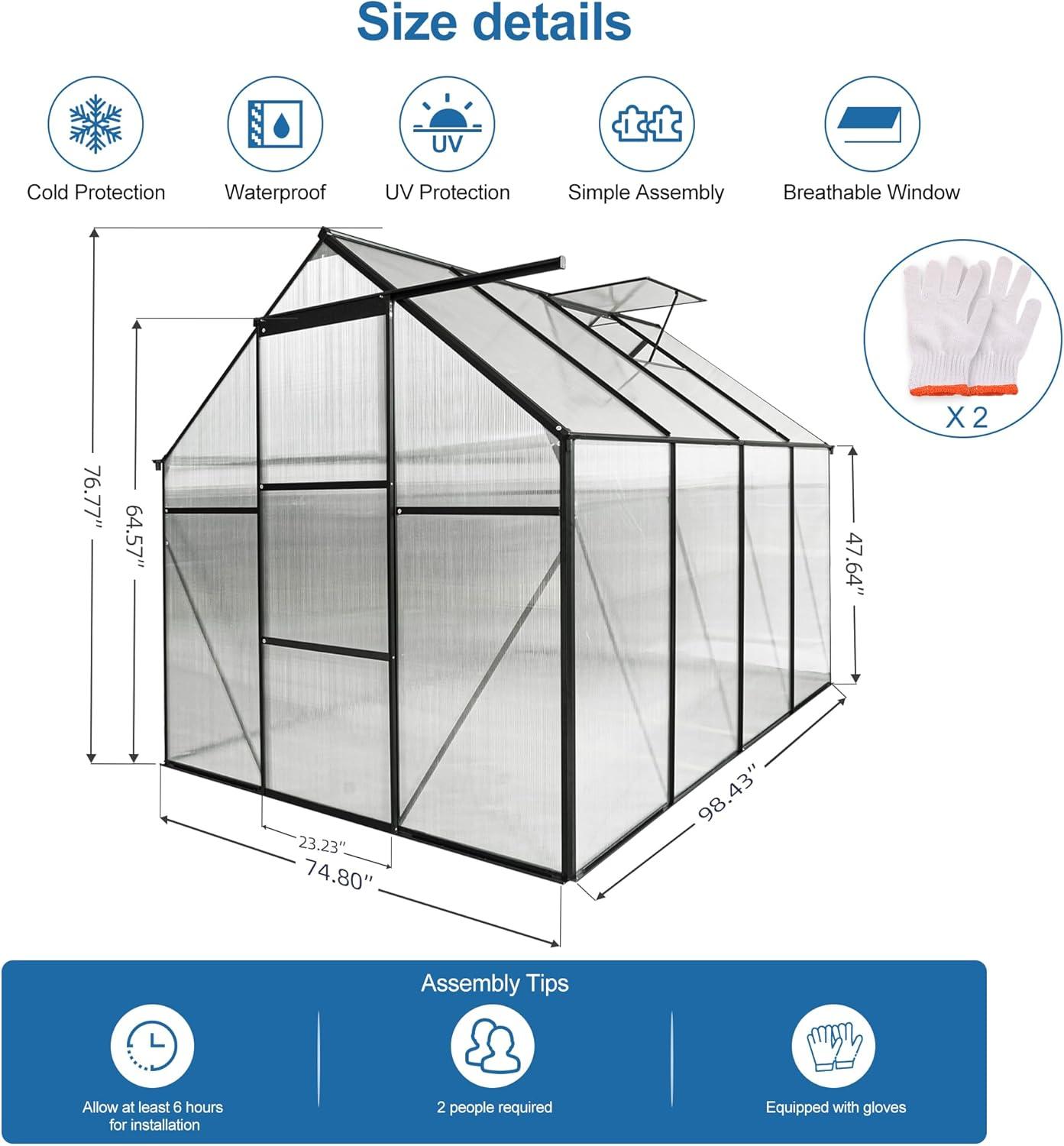 6x8 FT Plant Greenhouse with Sliding Door,Walk-in Polycarbonate Greenhouse with Raised Base and Anchor Aluminum Heavy Duty Greenhouses Kits for Outdoor Backyard in All Season,Black