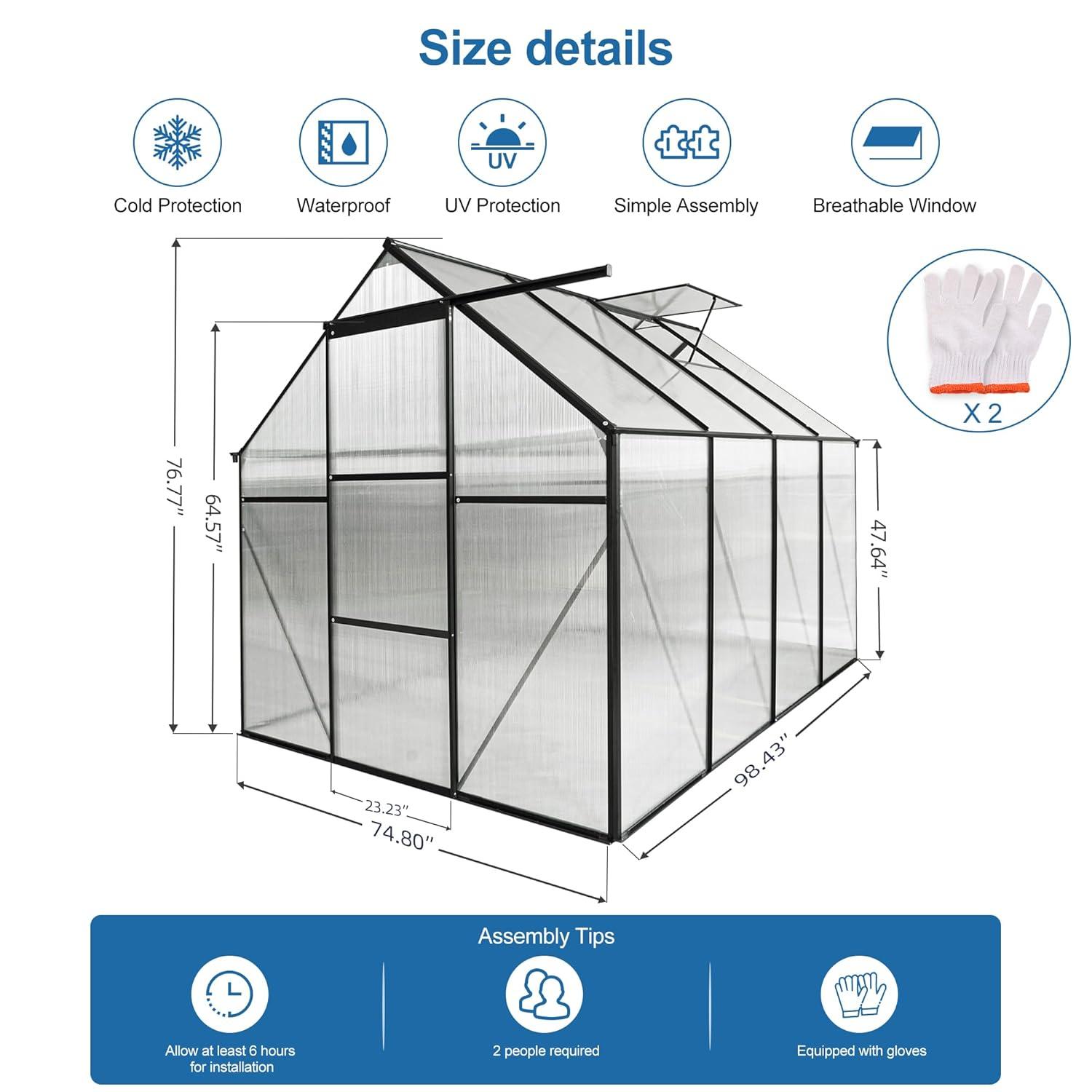 6x8 FT Plant Greenhouse with Sliding Door,Walk-in Polycarbonate Greenhouse with Raised Base and Anchor Aluminum Heavy Duty Greenhouses Kits for Outdoor Backyard in All Season,Black