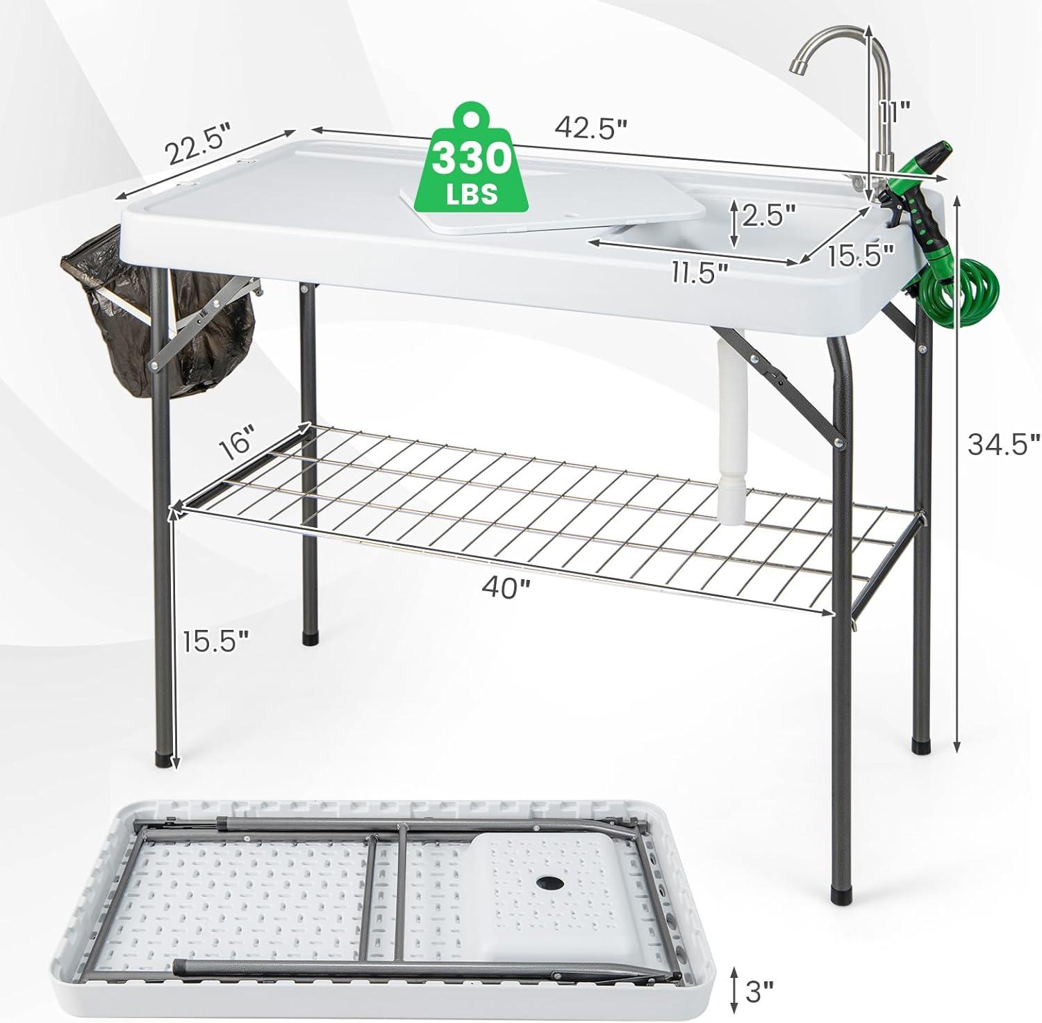 Portable Folding Fish Cleaning Table with Sink and Shelf