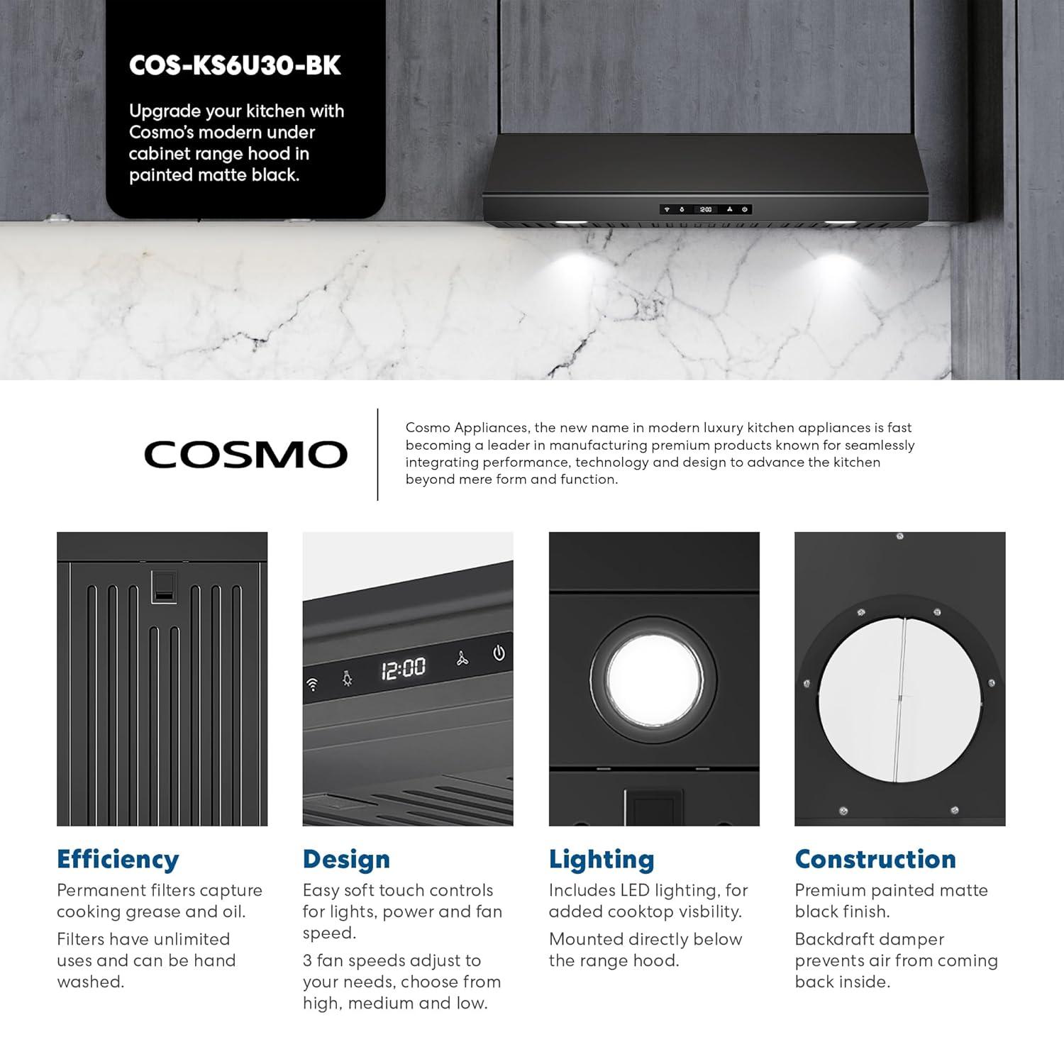 Cosmo 30 in. Haven Collection Ducted Under Cabinet Range Hood, Touch Controls, LED Lights, Permanent Filters in Matte Black