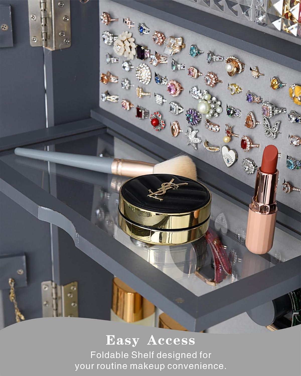 HWB 360° Rotating Jewelry Armoire with 53'' Full Length Mirror, Standing Lockable Jewelry Cabinet Organizer with Lights, Built in Makeup Mirror, Large Storage Capacity with Drawer&Shelves Grey