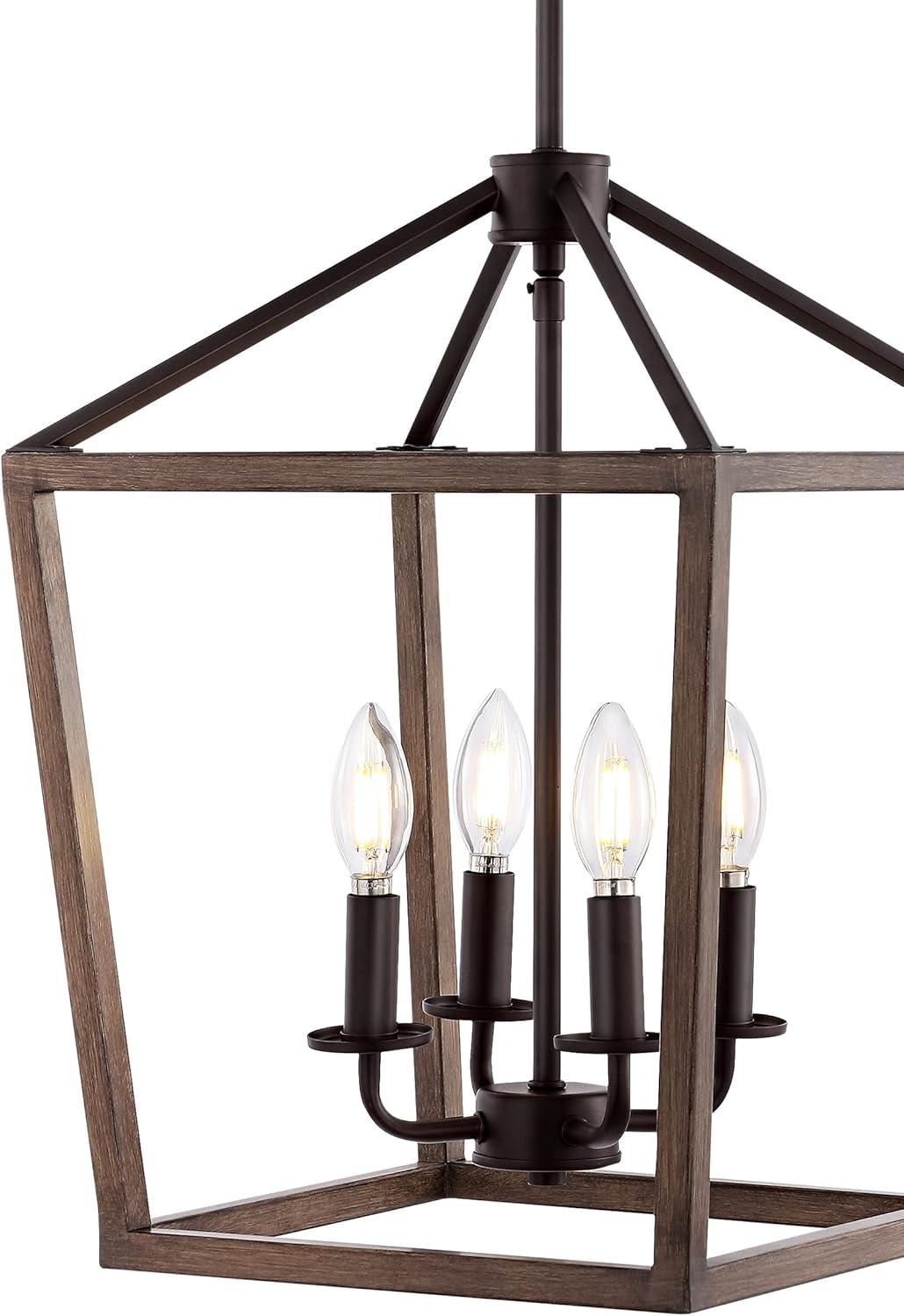 Oria 13" 4-Light Iron Farmhouse Industrial Lantern LED Pendant, Oil Rubbed Bronze/Faux Wood