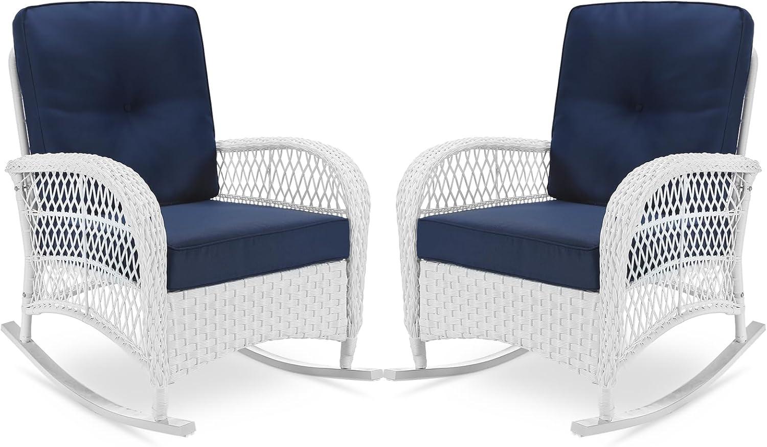Beachcrest Home™ Beachcrest Home Outdoor Wicker Rocking Chairs Set Of 2, Rattan Patio Rocker Chairs With Thick Cushions And High Back, All-Weather Patio Wicker Chair With Safe Rocking Design For Garden, White Wicker