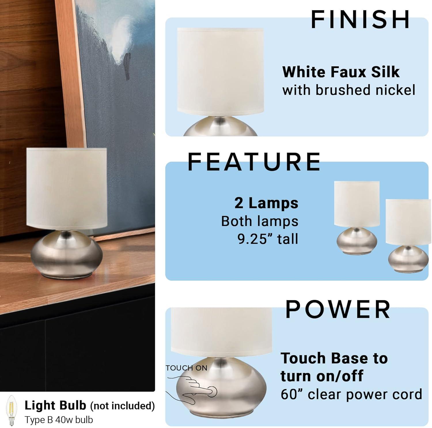 Cresswell Lighting 9.5" Transitional Brushed Nickel 2 Pack Matching Small Touch Table Lamp Set