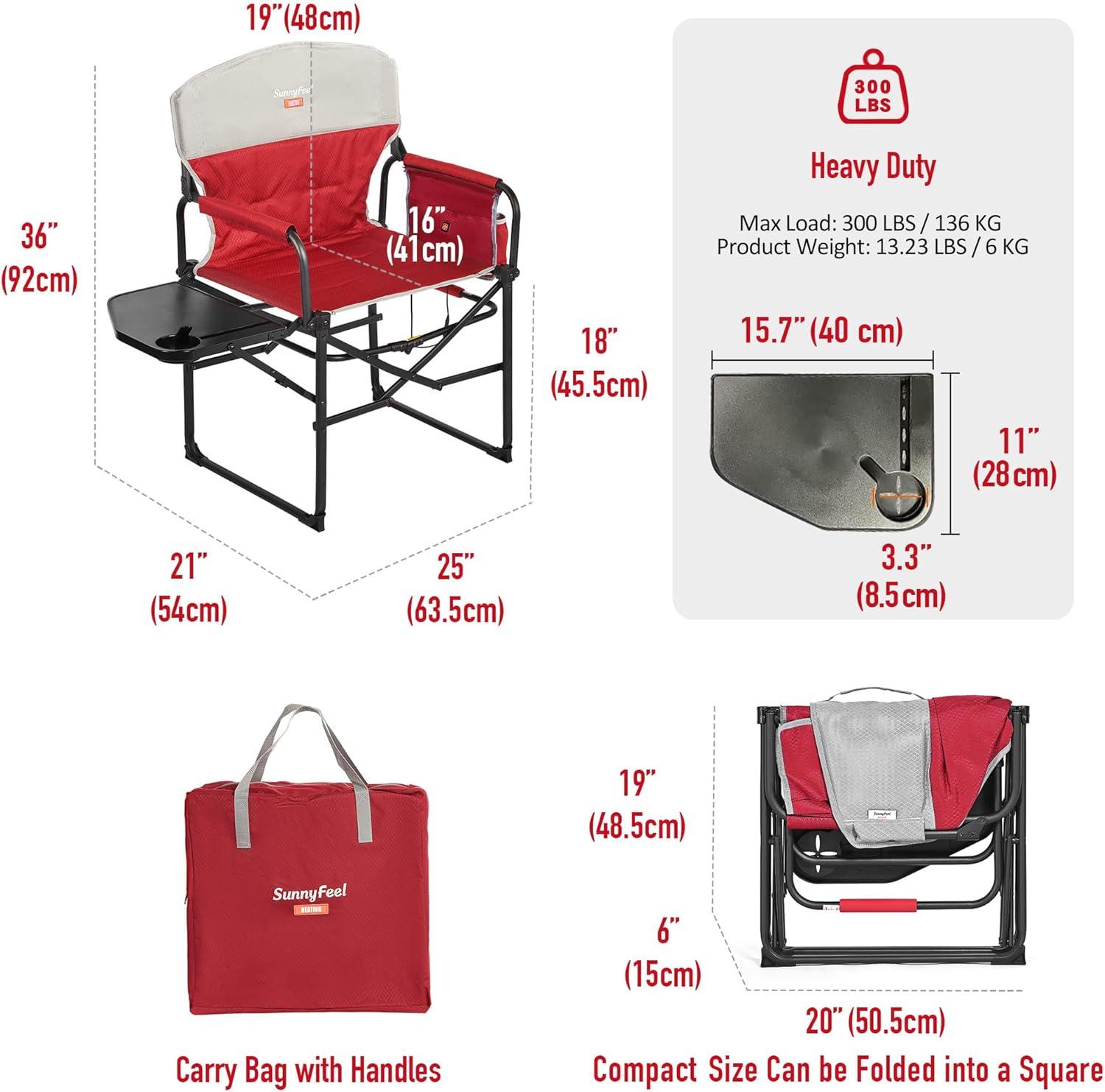 Red and Black Heated Steel Folding Directors Chair with Storage