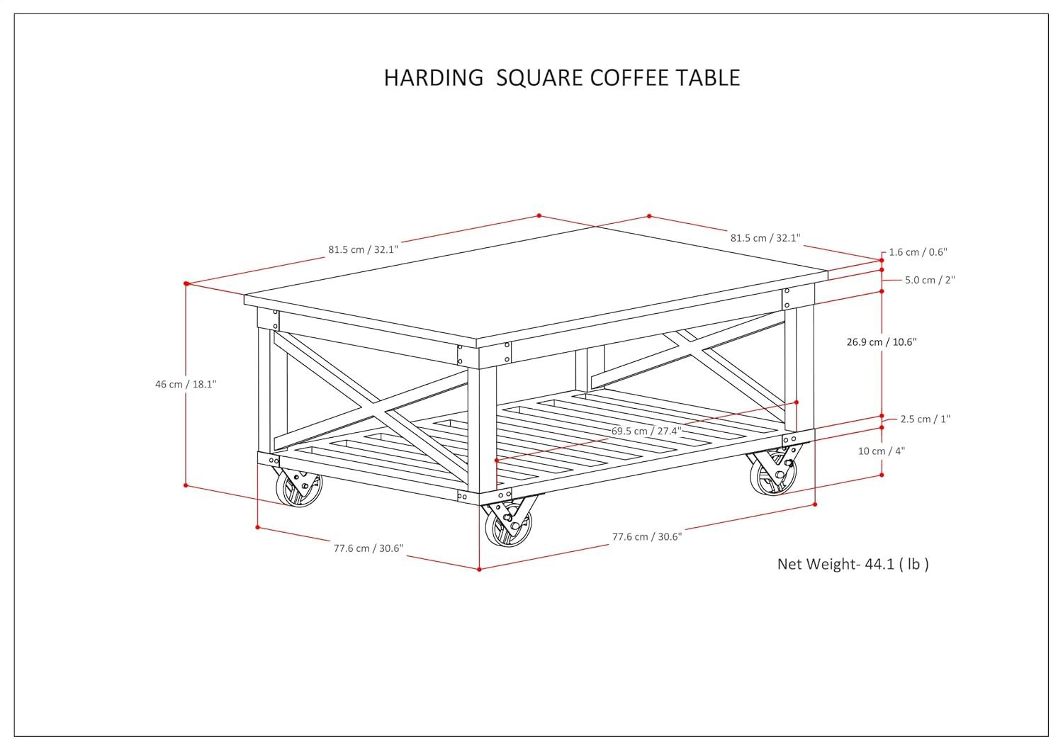 Simpli Home Harding 32"W Solid Mango Wood Industrial Square Coffee Table with Metal Accents, Open Shelf, and Iron Wheels