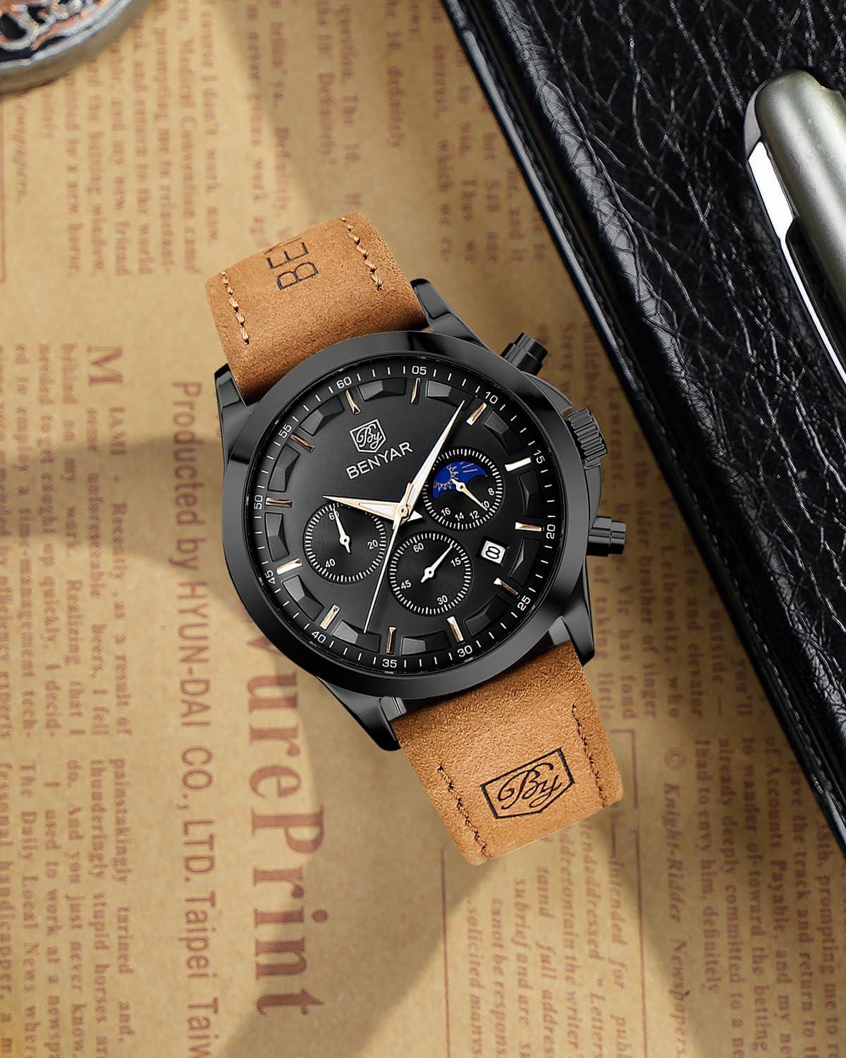 BY BENYAR Mens Watches Analog Quartz Chronograph Waterproof Wrist Watches for Men Fashion Business Work Casual Sport Designer Dress Watch with Calendar Elegant Gifts for Men