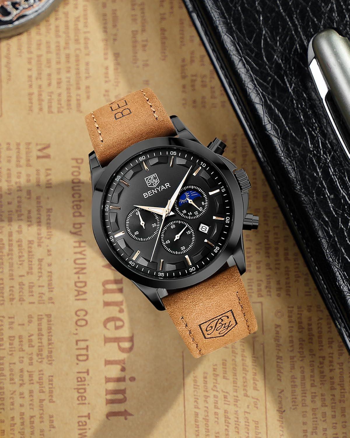 BY BENYAR Mens Watches Analog Quartz Chronograph Waterproof Wrist Watches for Men Fashion Business Work Casual Sport Designer Dress Watch with Calendar Elegant Gifts for Men