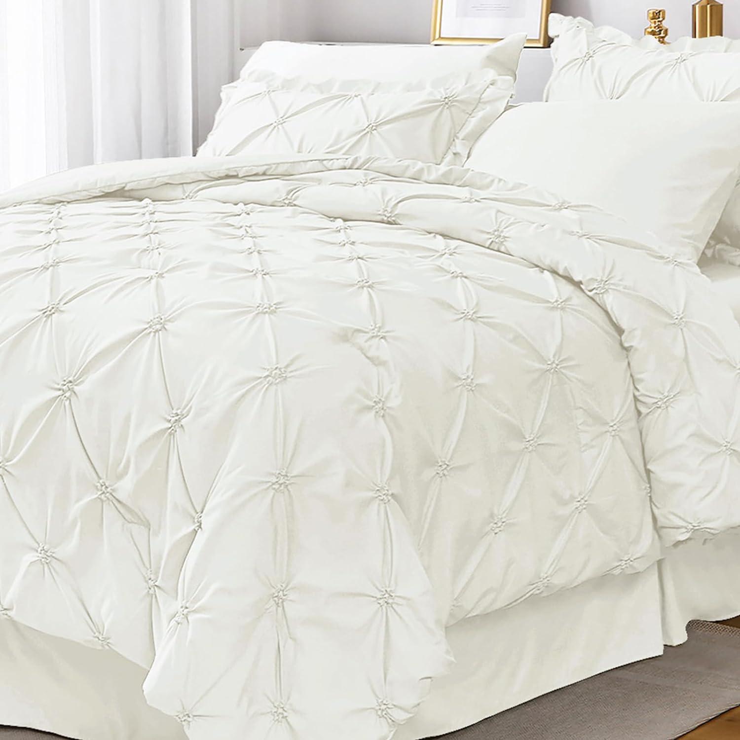 Ivory Comforter Set Queen - Bed in a Bag Queen 7 Pieces, Pintuck Bedding Sets Ivory Bed Set with Comforter, Sheets, Pillowcases & Shams