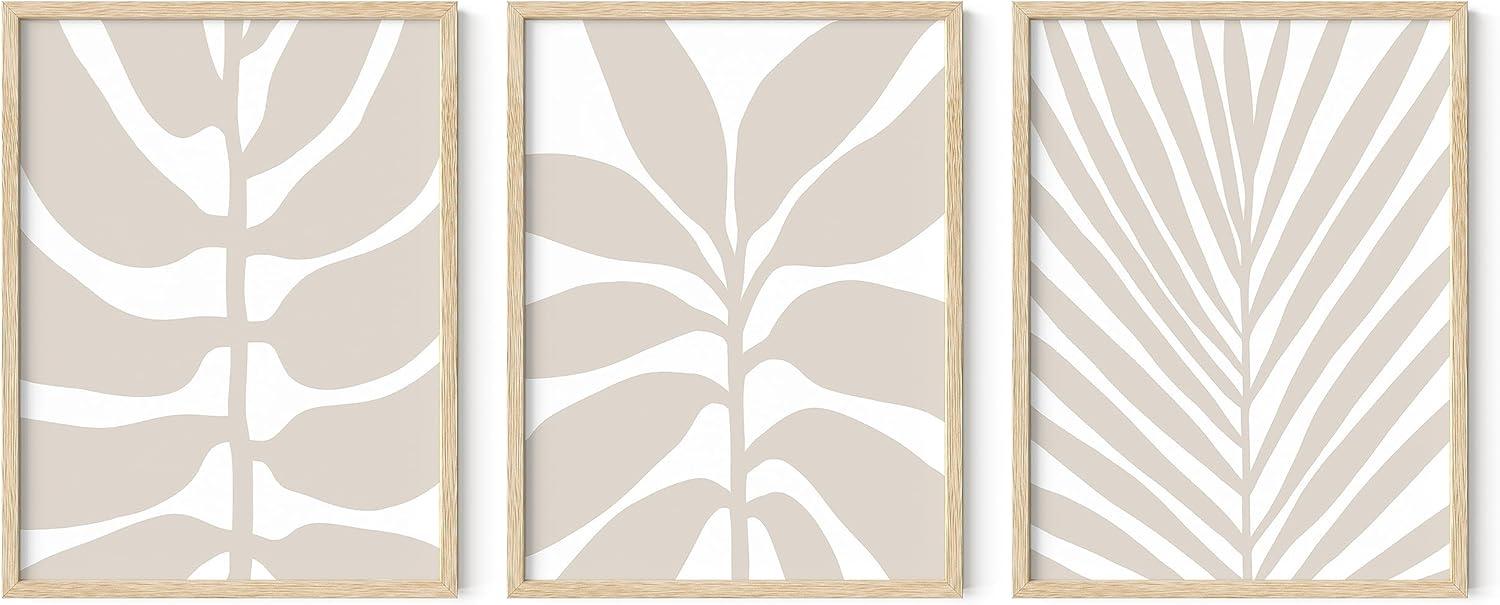 HAUS AND HUES Neutral Wall Decor - Set of 3 Minimalist Wall Art, Boho Art Wall Decor, Neutral Wall Art for Living Room, Set of Framed Botanical Prints, Boho Pictures Wall Decor (12X16, BEIGE FRAMED)