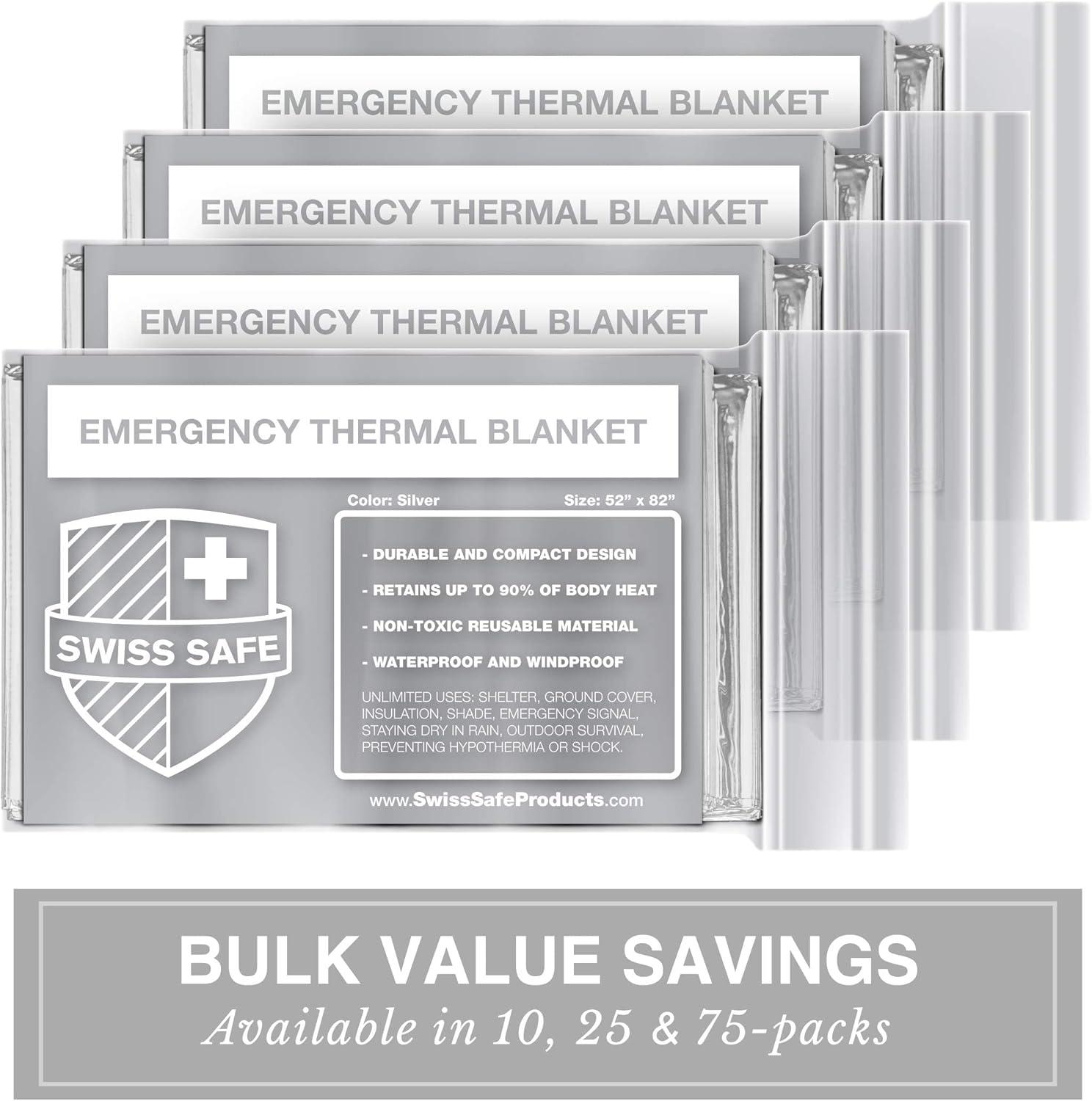 Swiss Safe Emergency Mylar Thermal Blankets Premium 12-Micron 52" X 82" Silver 10-Pack