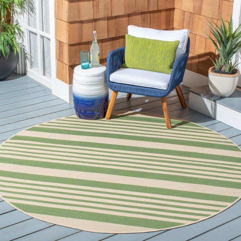 SAFAVIEH Courtyard Caroline Striped Indoor/Outdoor Area Rug, 7'10" x 7'10" Round, Green/Beige