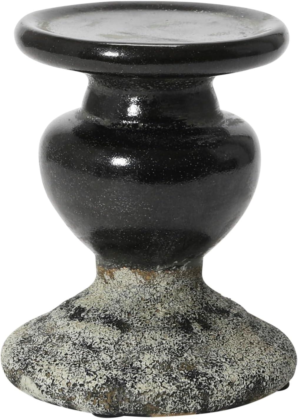 Distressed Black Terracotta 2-Tone Pillar Candle Holder