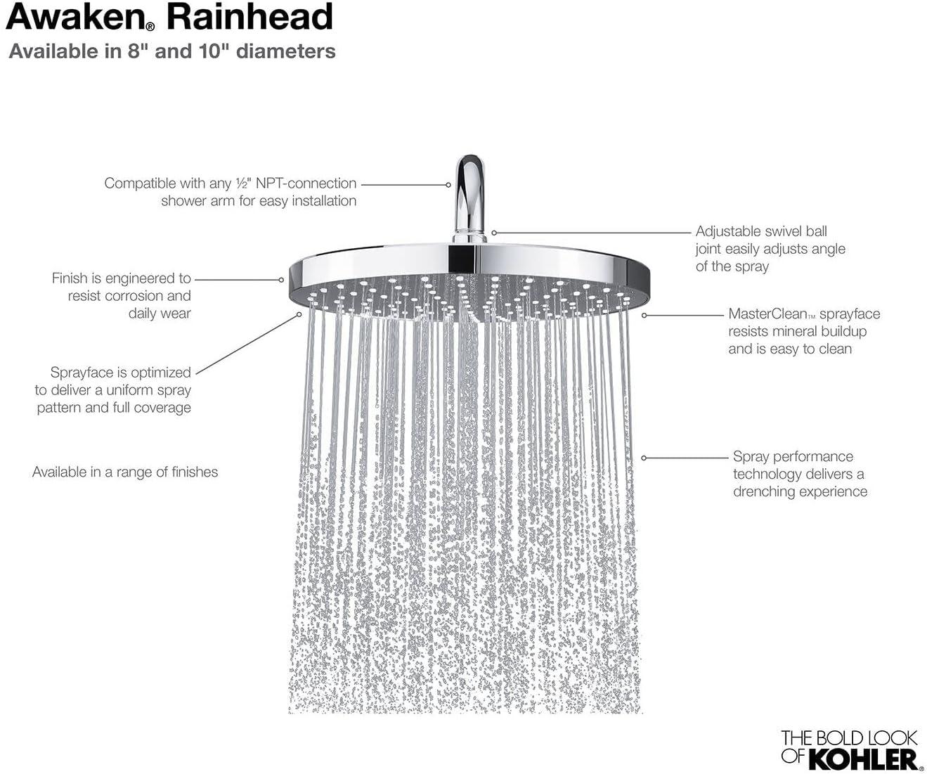 Awaken 10" Single-Function Wall or Ceiling-Mount Round Rainhead