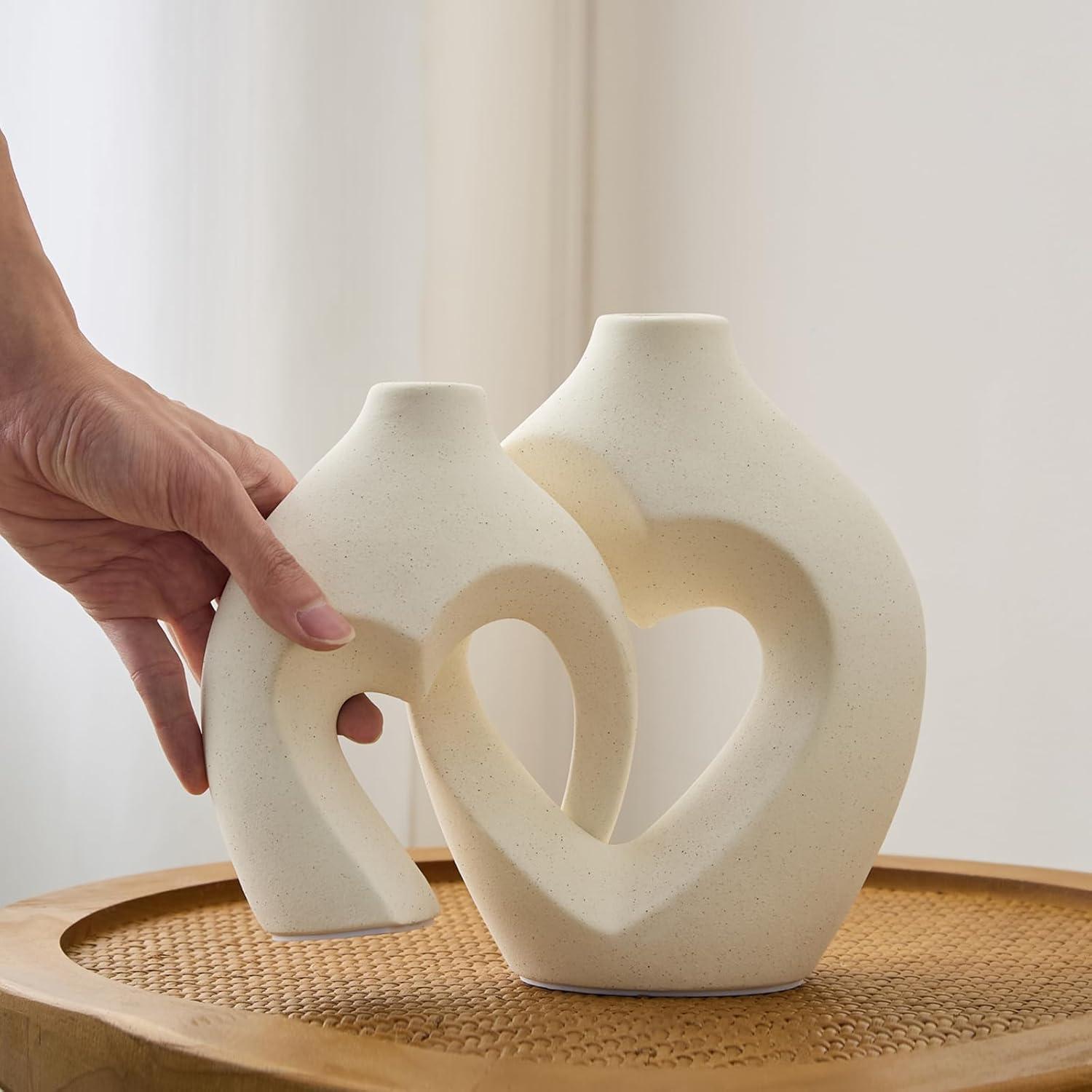 Ivy Bronx White Vases For Decor, Heart Shaped Ceramic Vase Set Of 2, Nordic Heart Shaped Vases, Minimalist Decorative Vase For Table Centerpiece Wedding Dining Living Room Office House Decoration