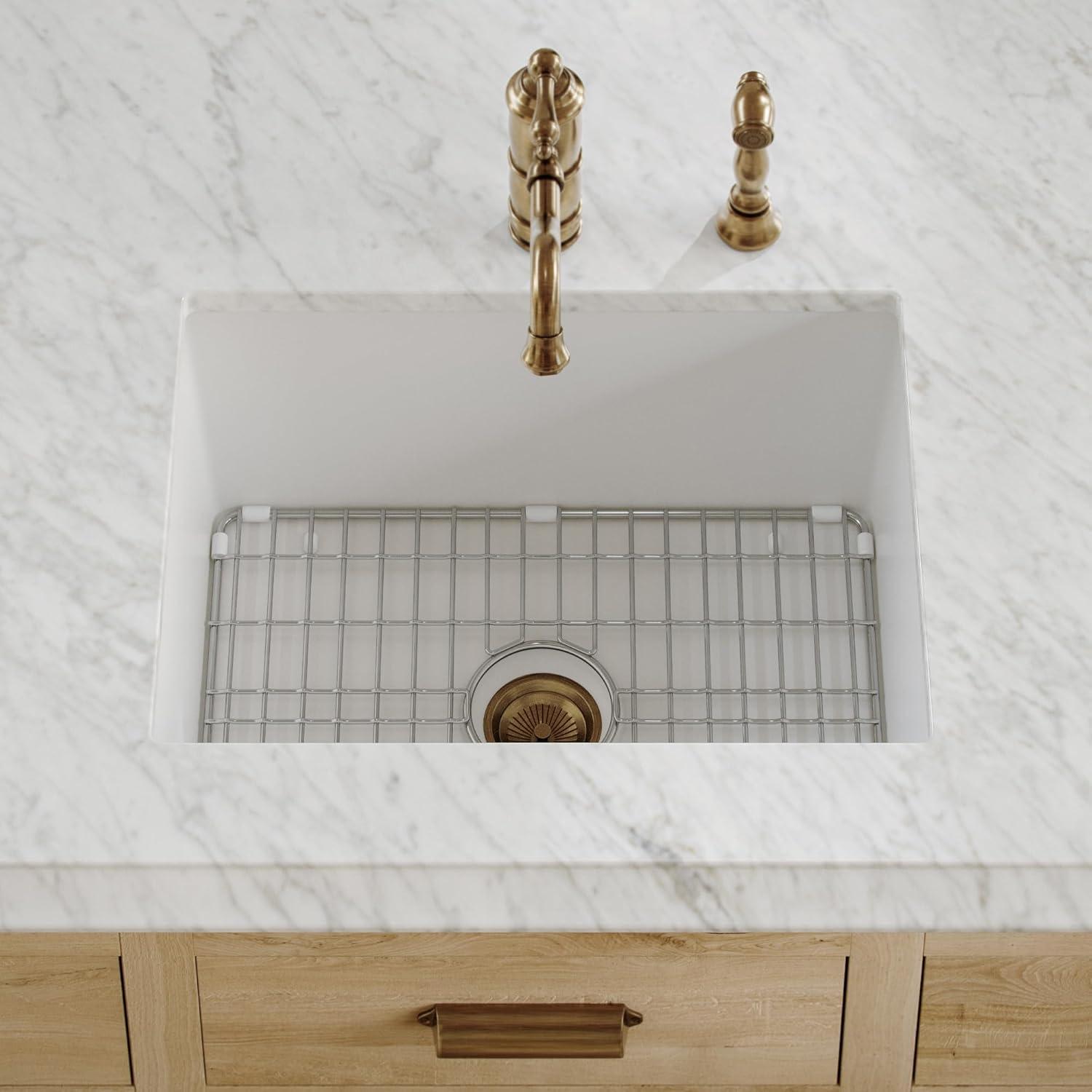 Glossy White Fireclay Drop-in Single Bowl Kitchen Sink with Stainless Steel Grid