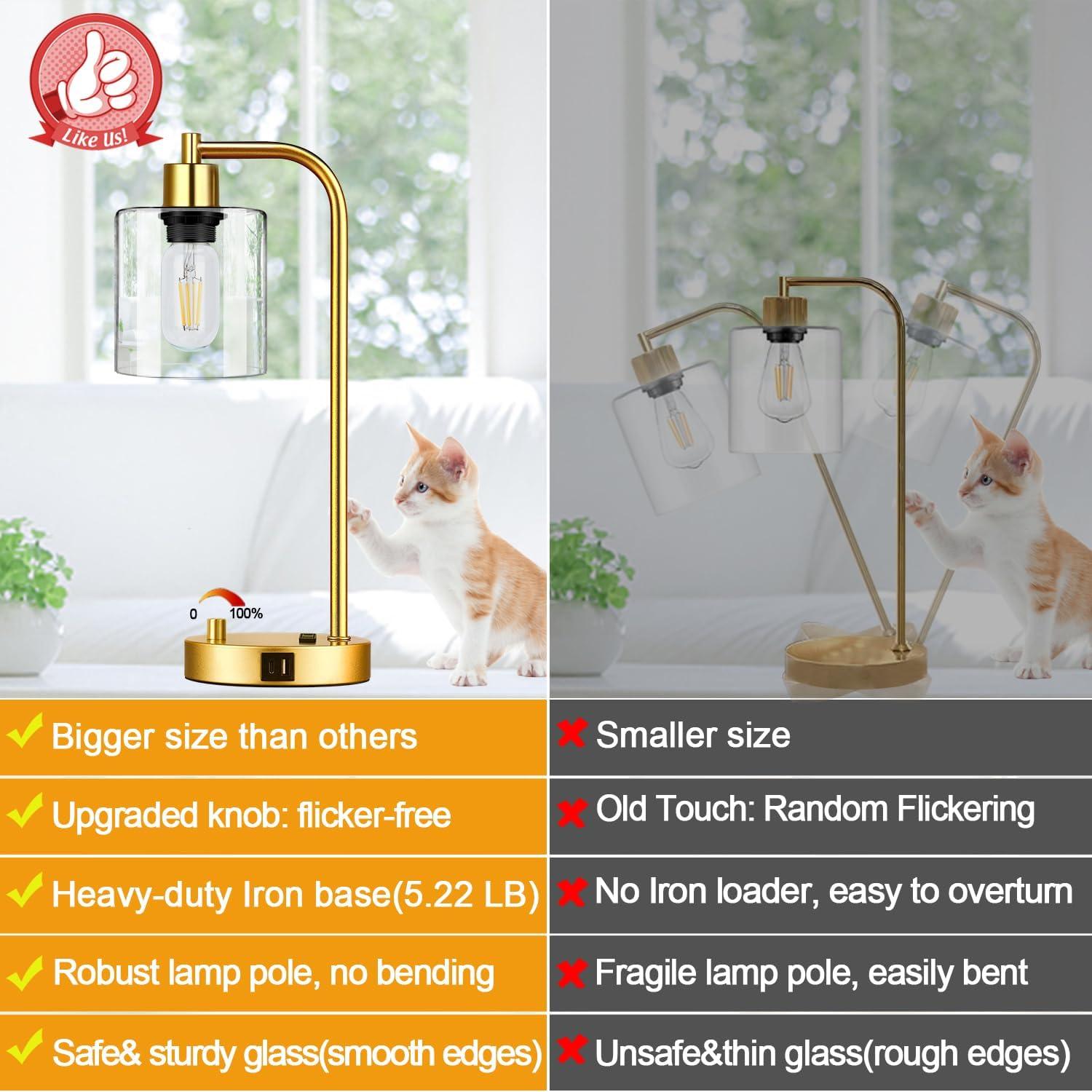 【Upgraded】Set of 2 Industrial Table Lamps with 2 USB Port, Fully Stepless Dimmable Bedside Lamps for Bedroom, Nightstand Desk Lamps with Glass Shade for Bedroom Living Room Office 2 LED Bulb Included